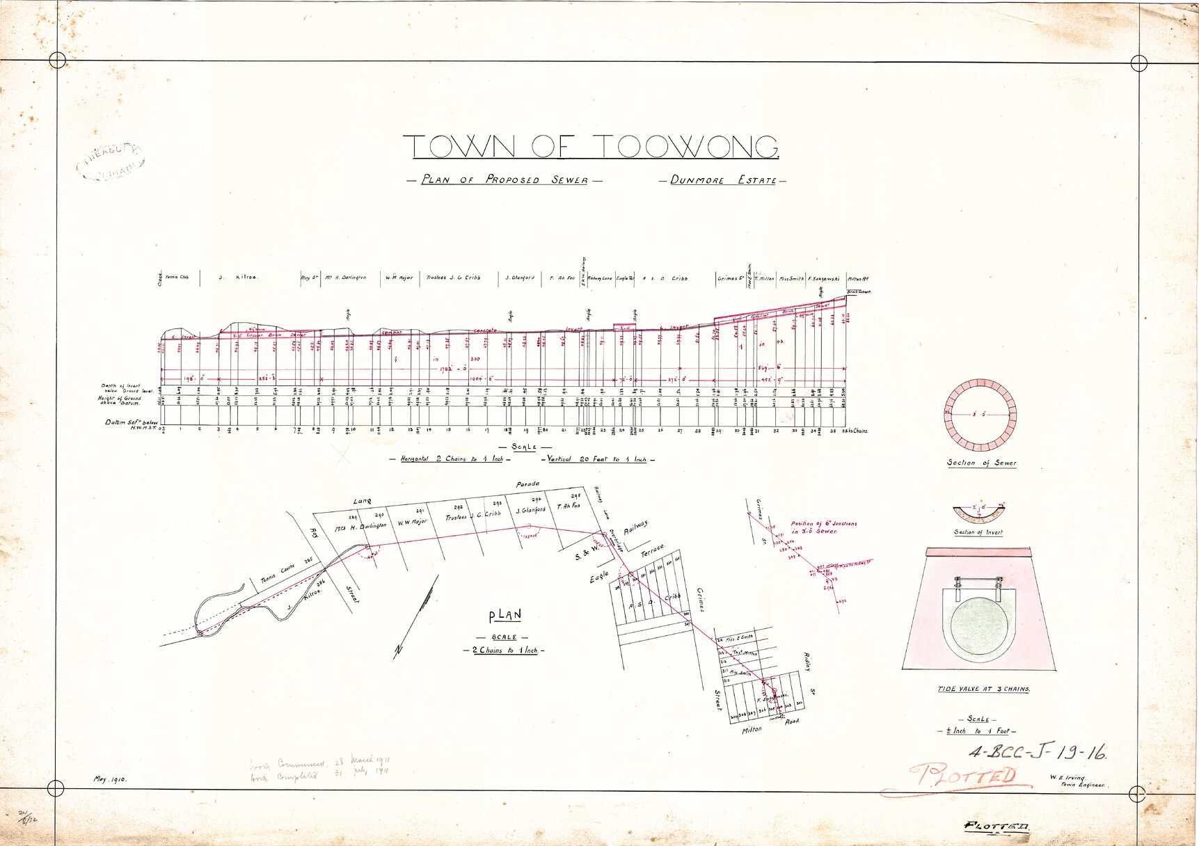 Proposed sewerage plan extending from Milton Road, through Grimes Street, Eagle Terrace and out past Roy Street, Auchenflower - 1910