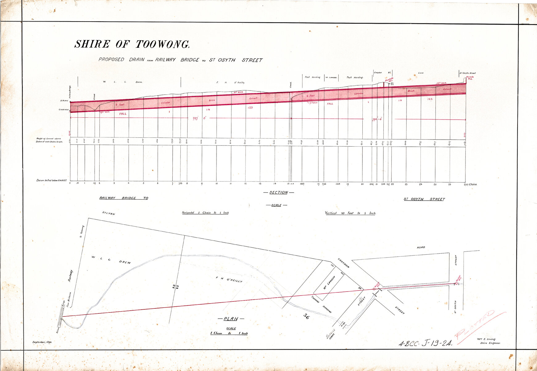 Proposed plan of drain extending from St Osyth Street, past Croydon Street, parallel to Sylvan Road, to the railway bridge, Toowong - 1890