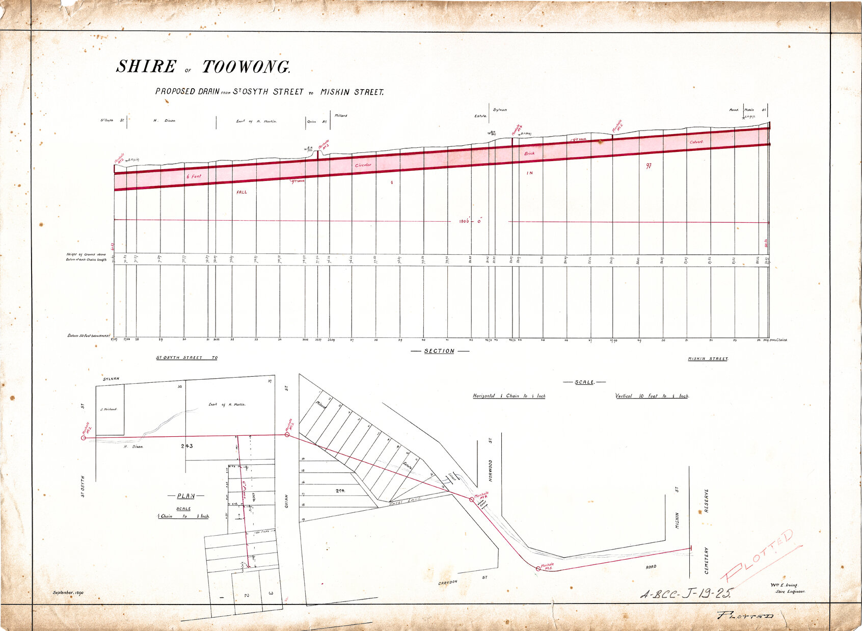 Proposed drainage plan extending from Sylvan Road near Norwood Street, past Quinn Street to St Osyth Street, Toowong - 1890