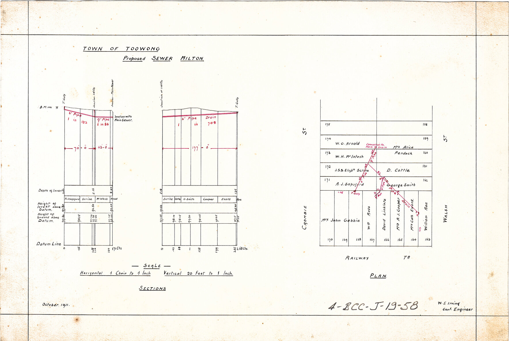Proposed sewerage plan for blocks between Crombie Street, Walsh Street, and Railway Terrace, Milton - 1911