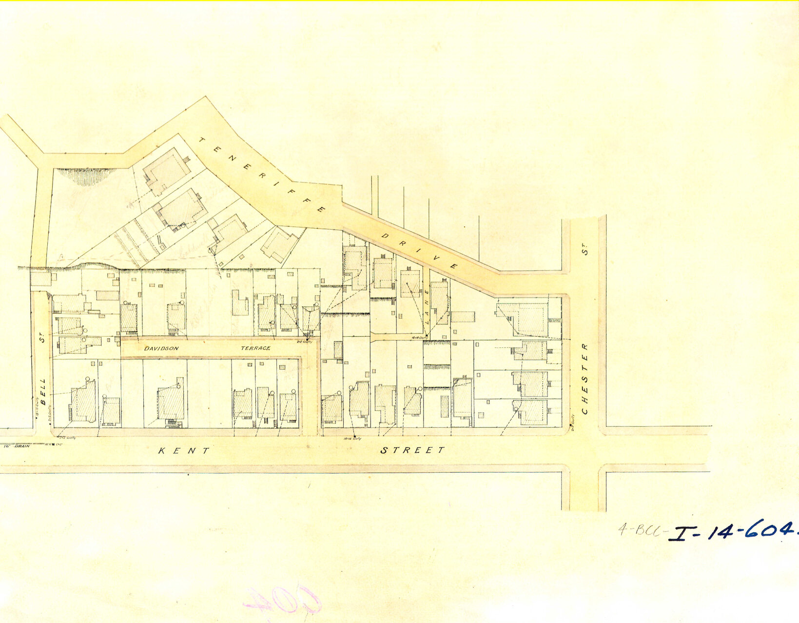 Drainage Plan area bounded by Teneriffe Drive, Chester, Kent and Bell [now Patterson] Streets showing houses, Teneriffe - 1911