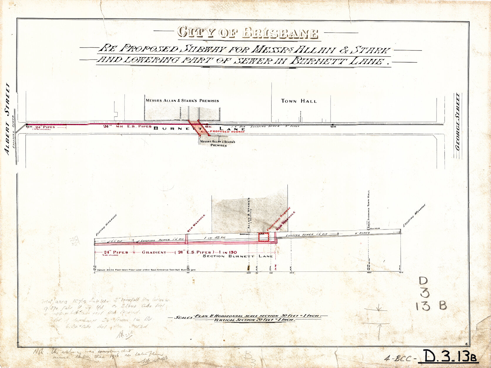 Proposed subway and sewer along Burnett Lane near George Street, Brisbane City - 1908