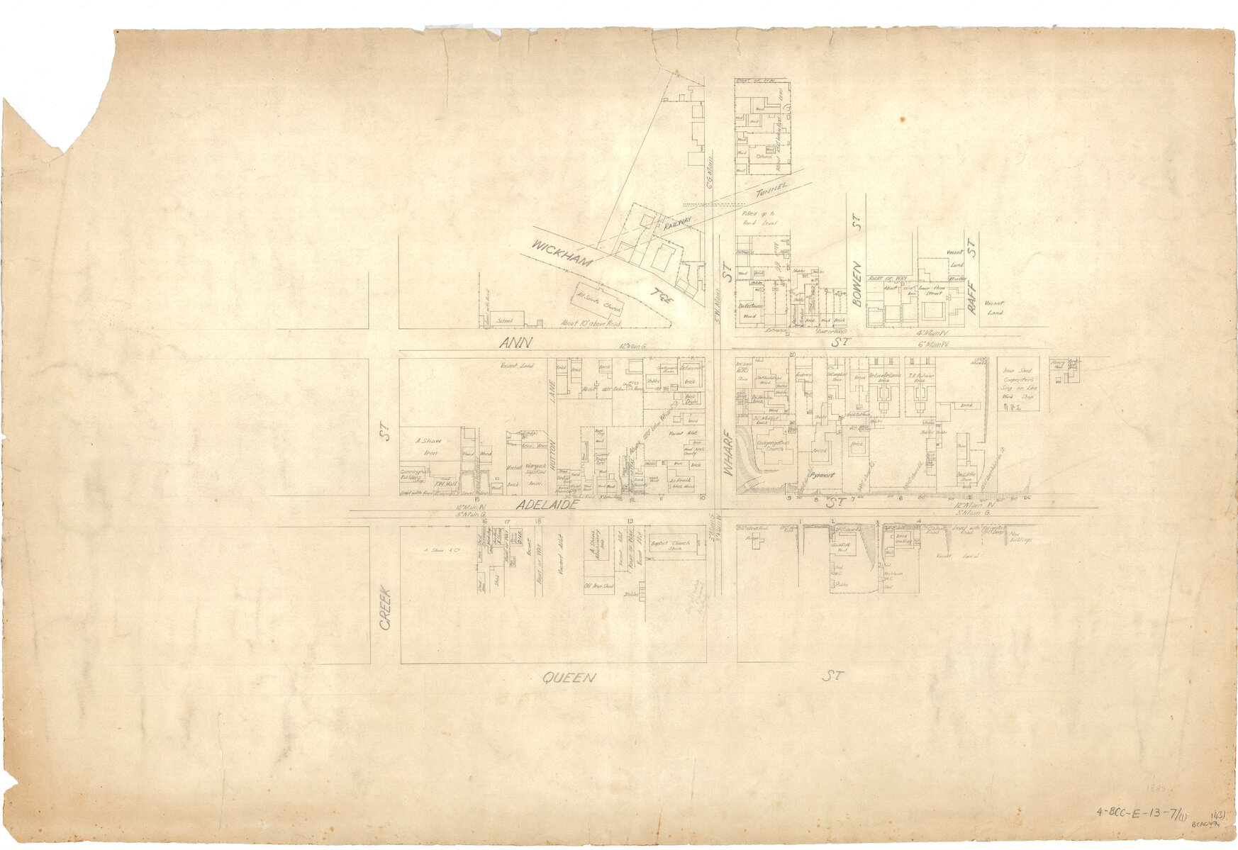 Detailed map of Ann and Adelaide Street near Wharf Street intersections, Brisbane City - 1889