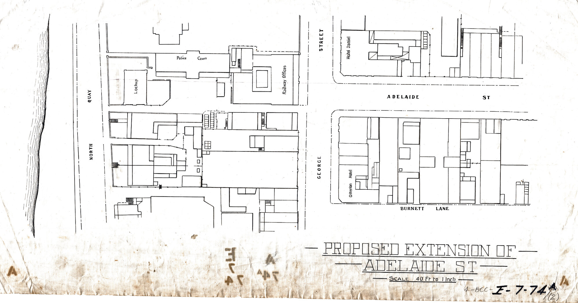 Proposed extension of Adelaide Street, shows surrounding buildings, Brisbane City - 1924