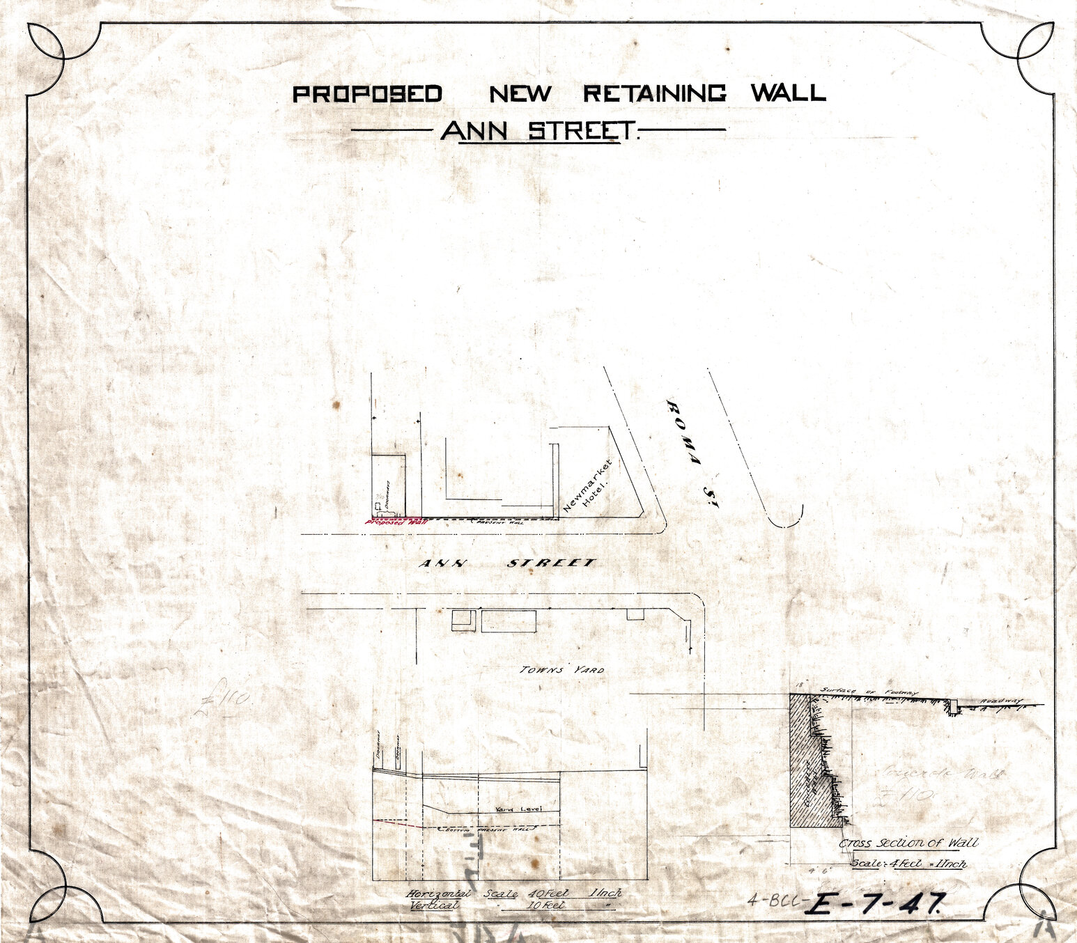Retaining wall plan on Ann Street, showing Newmarket Hotel opposite future site of City Hall, Brisbane City