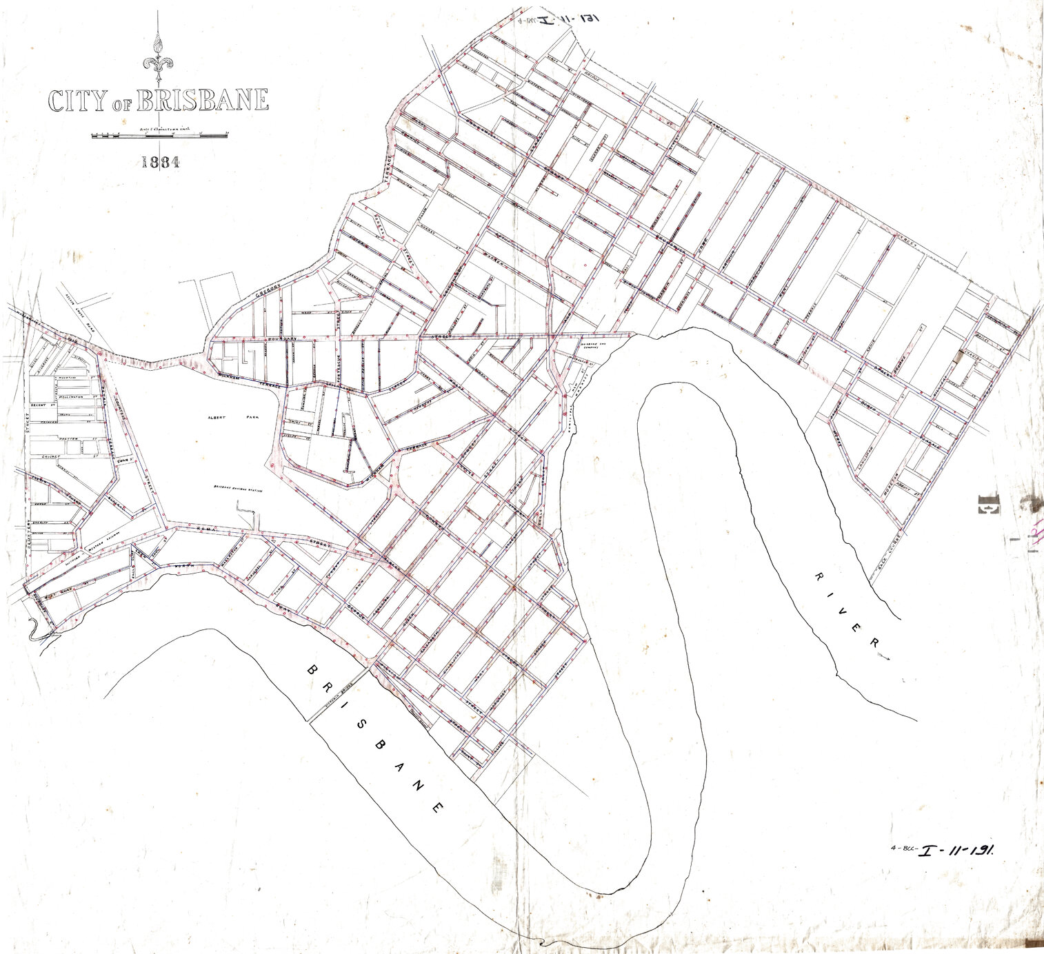 Street layout of Brisbane showing possible gas lamp locations - 1884