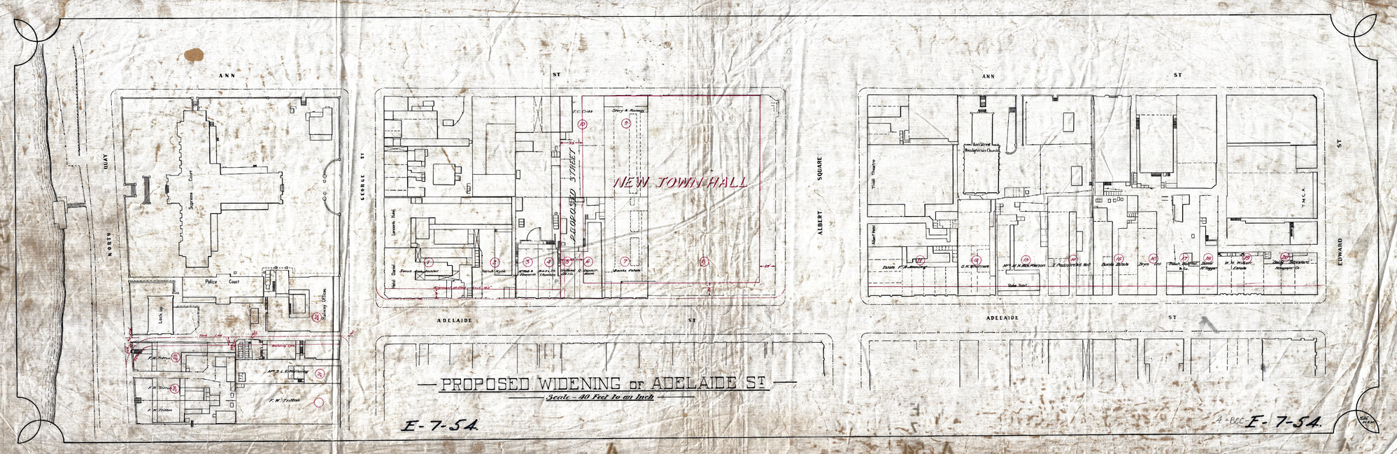 Proposed widening of Adelaide Street, showing surrounding buildings, Brisbane City - 1920