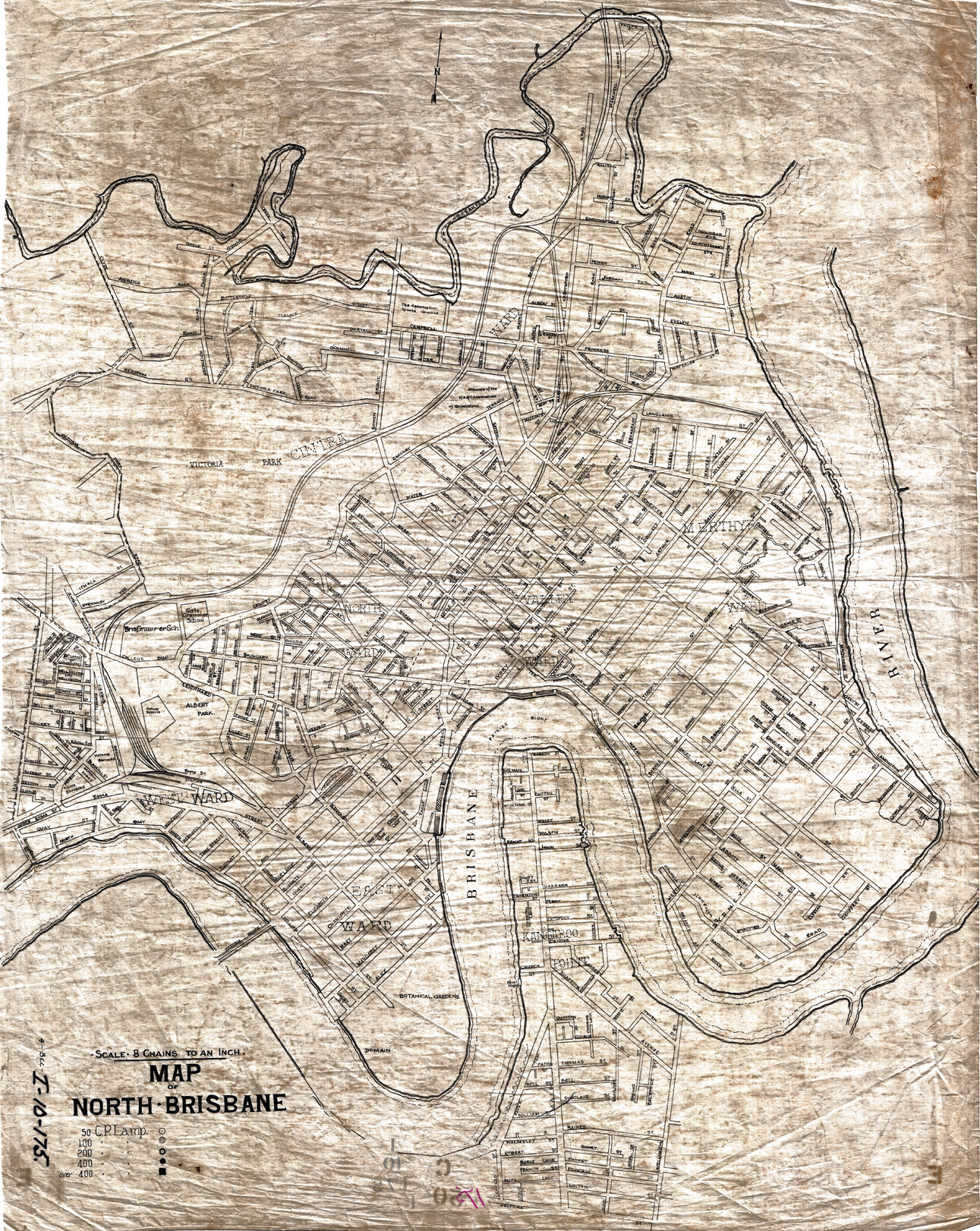 Map of North Brisbane showing locations of streetlights, Brisbane City, Kangaroo Point, Bowen Hills, Petrie Terrace, New Farm, Fortitude Valley, Teneriffe, Spring Hill, Herston, and Newstead - c.1918