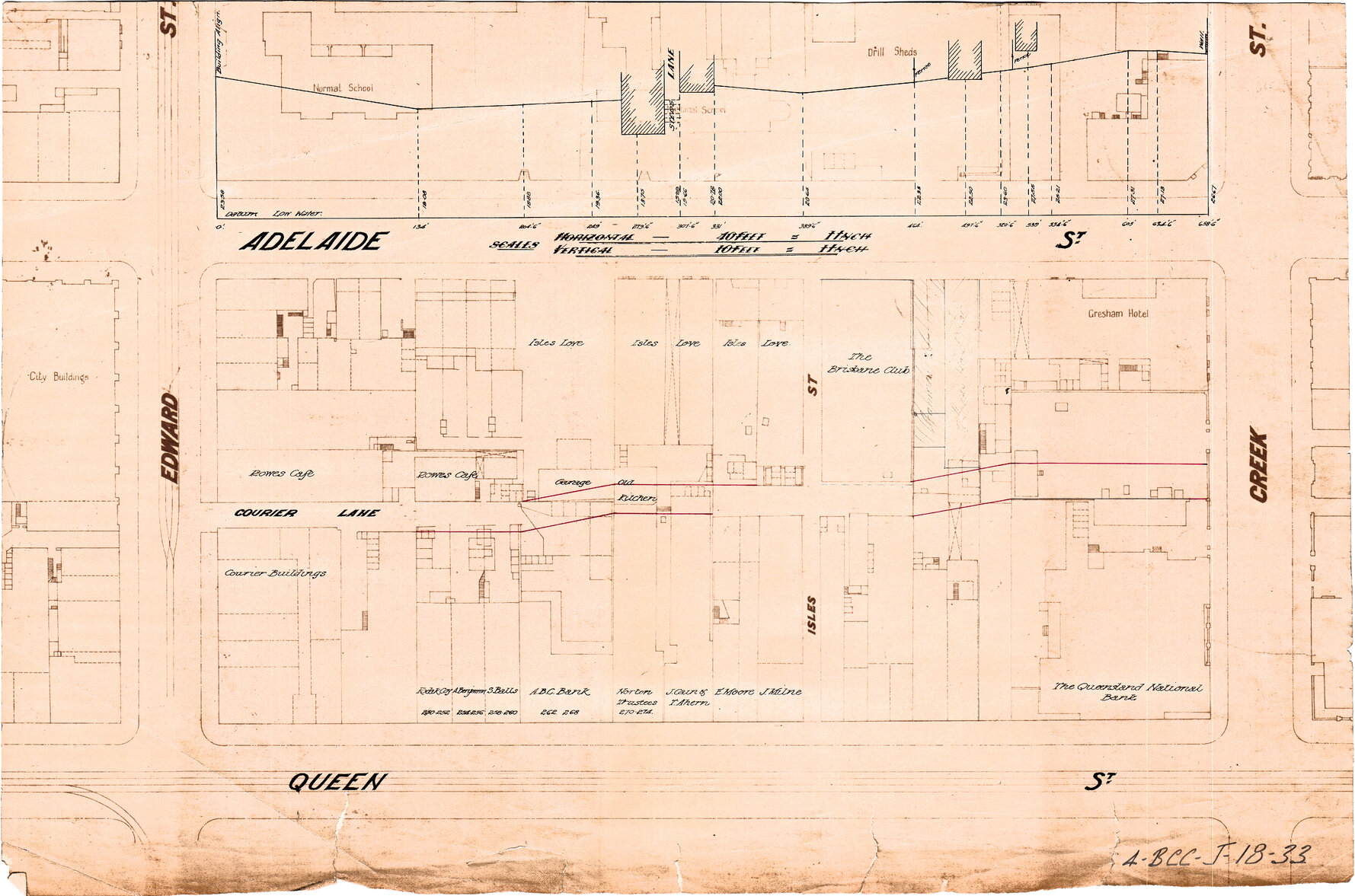 Plan showing building footprints for block between Edward, Adelaide, Creek and Queen Street, Brisbane City - c.1915