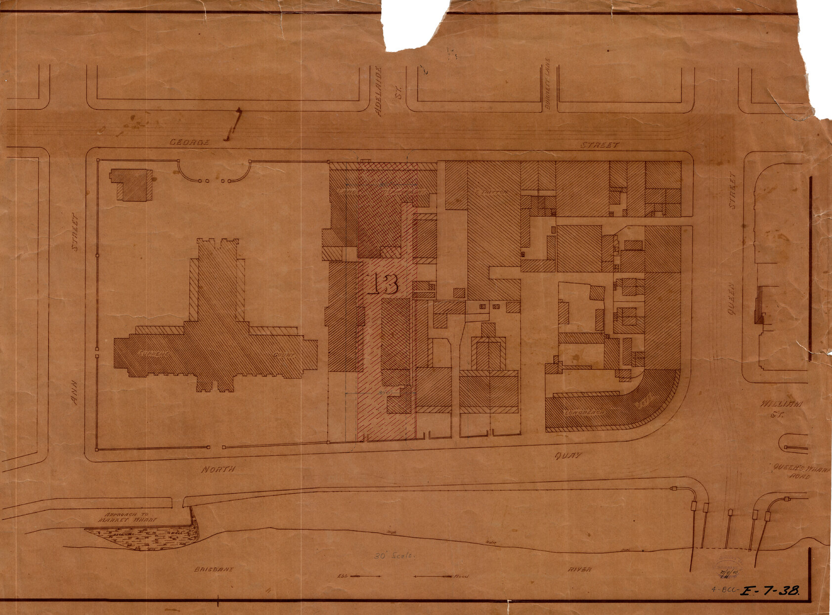 Plan showing building footprints between Ann, Queen, George Street, North Quay, Brisbane City - 1905