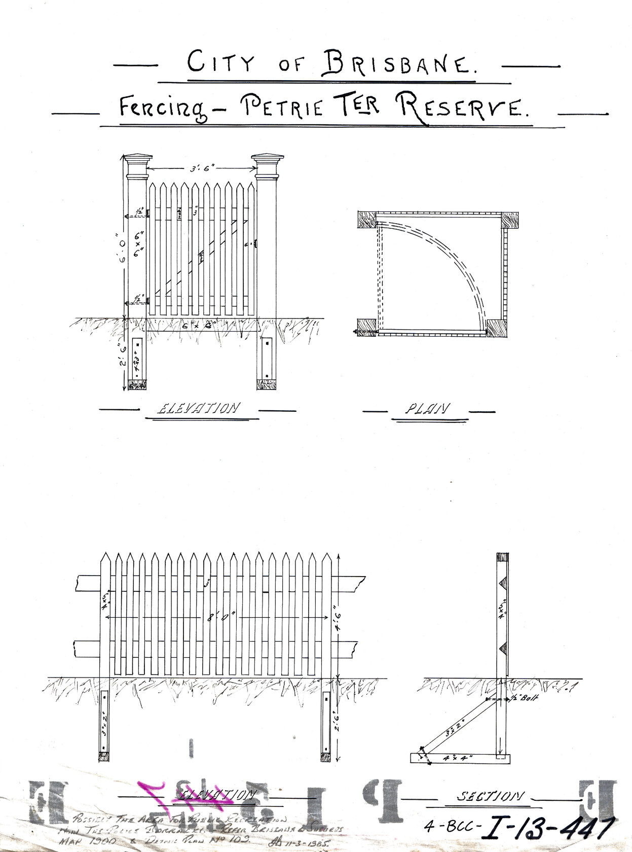 Plan for fencing of Petrie Terrace reserve, possibly near The Barracks - c.1900