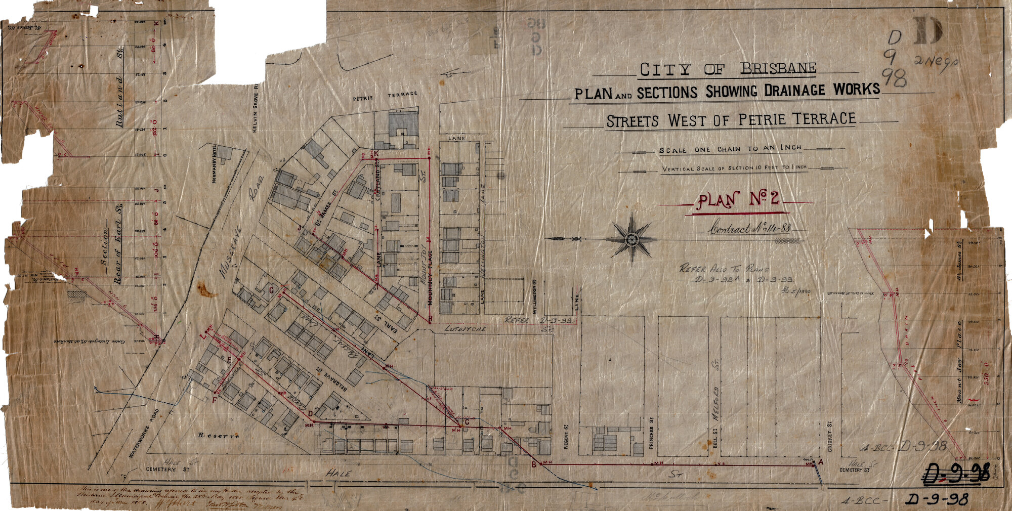 Plan and sections showing drainage works - streets west of Petrie Terrace - 1888