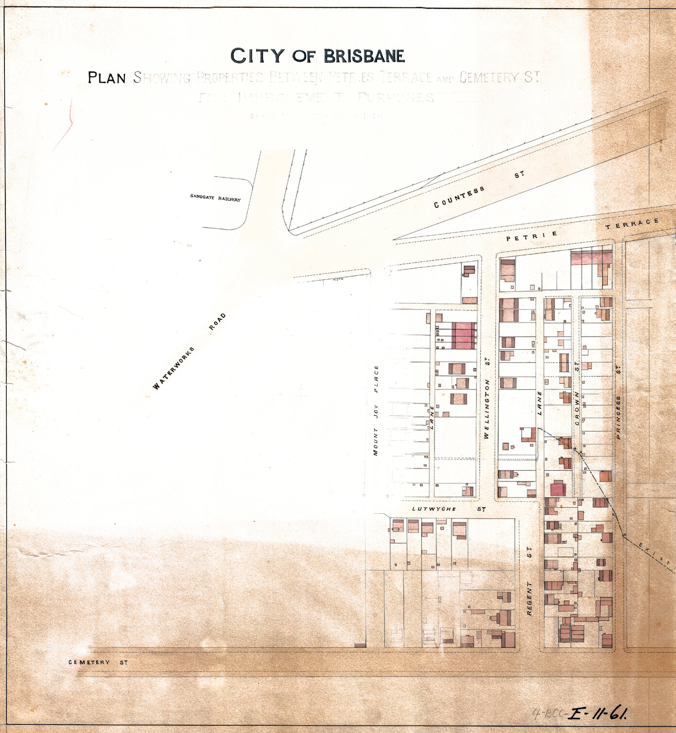 Plan showing properties between Petrie Terrace and Cemetery [Hale] Street - 1890
