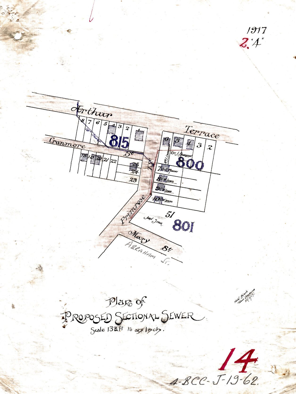 Proposed sectional sewer off Arthur Terrace, Red Hill - 1917