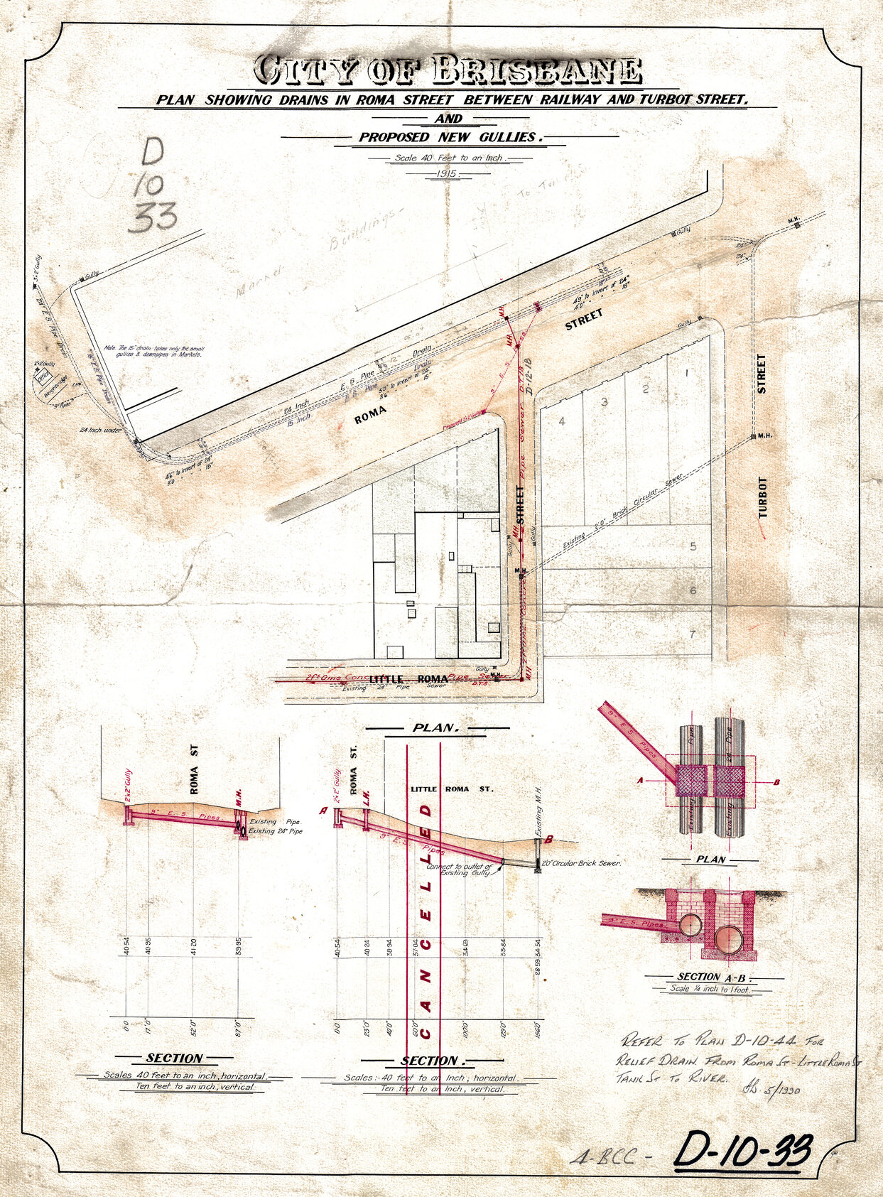 Plan showing drains in Roma Street between railway and Turbot Street and proposed new gullies, Brisbane City - 1915