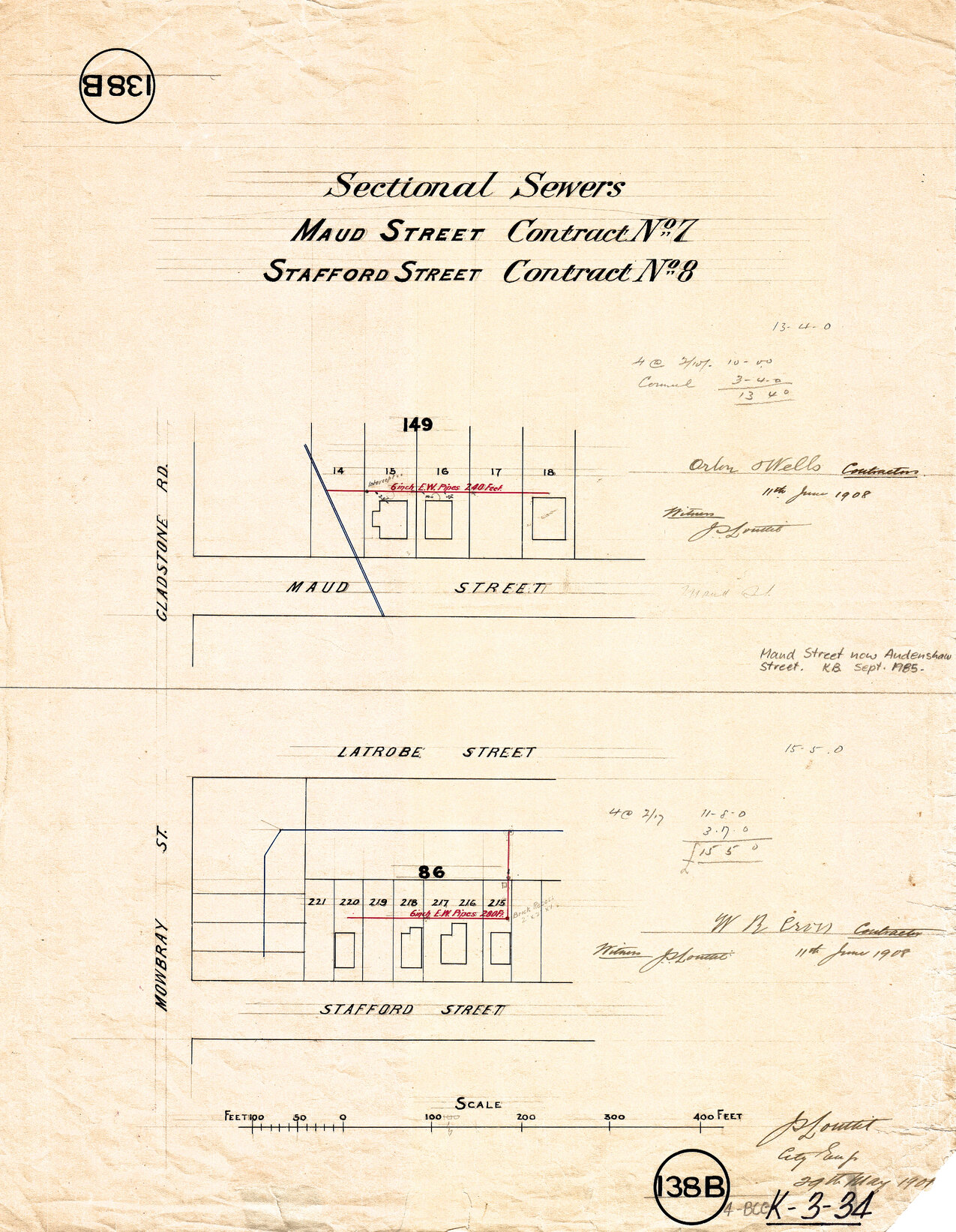Sectional sewers - Maud Street [now Audenshaw Street] Contract No. 7 - Stafford Street Contract No. 8 - East Brisbane and Highgate Hill - 1907