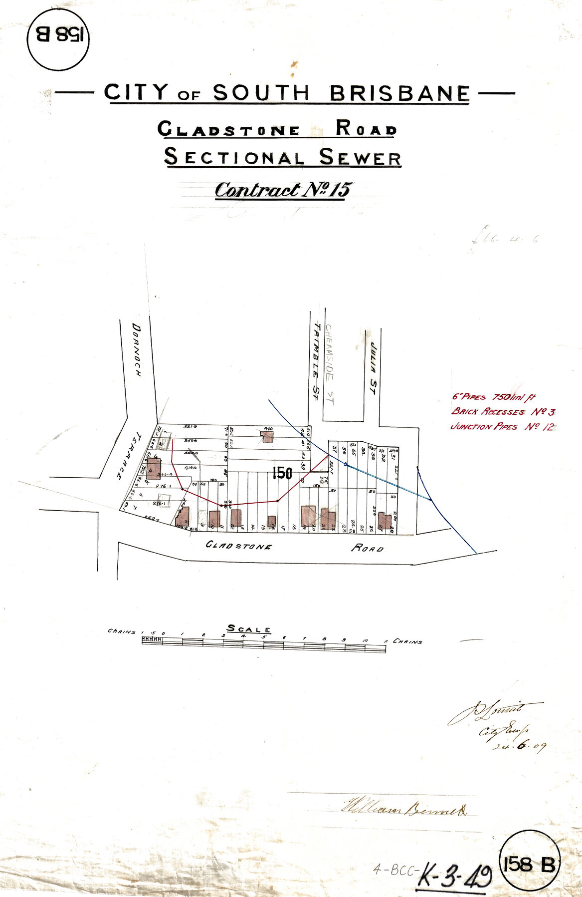Cadastral plan detailing properties near intersection of Dornoch Terrace and Gladstone Road - Highgate Hill - 1909