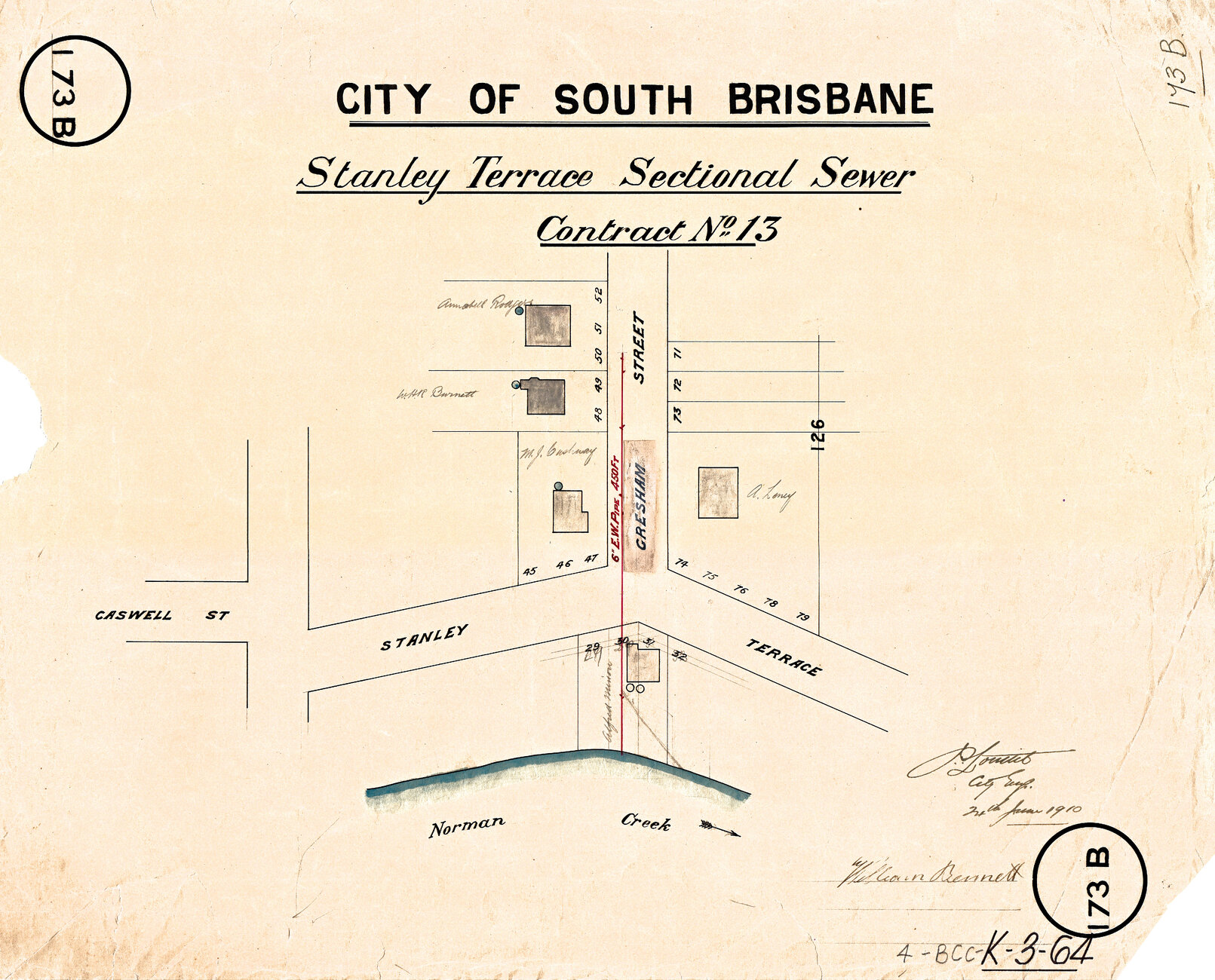 Stanley Terrace sectional sewer - Contract No. 13 - East Brisbane - 1910