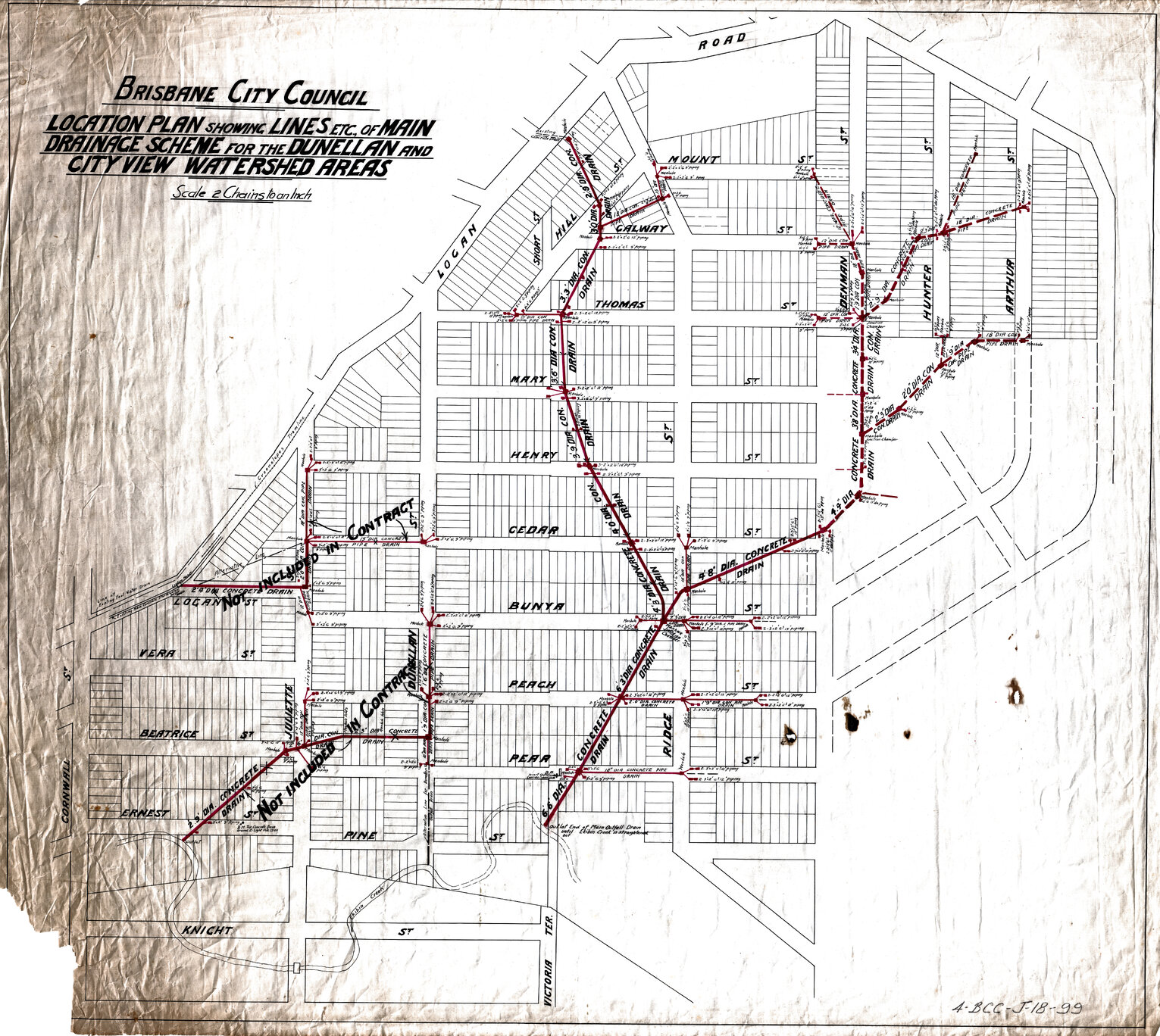 Location plan showing drainage lines and watershed for Greenslopes