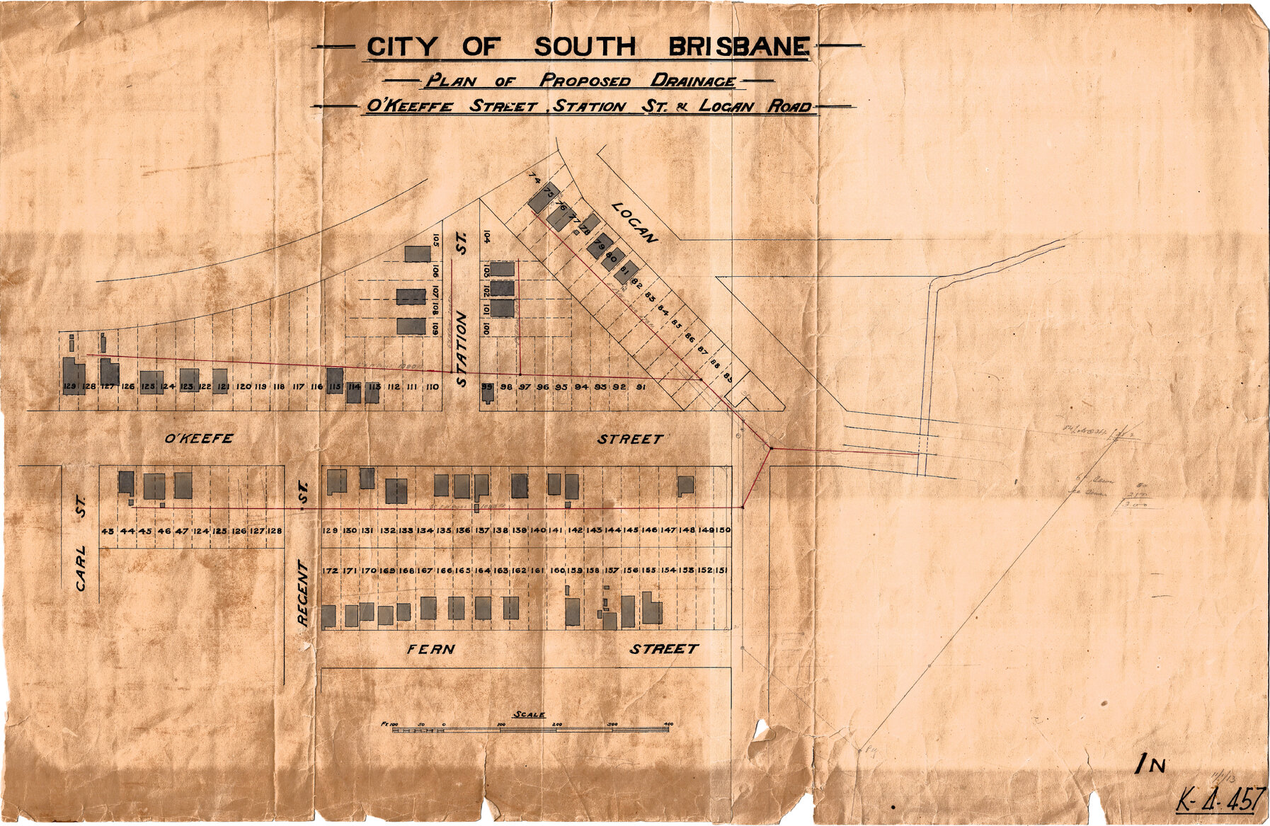 Plan of proposed drainage, O'Keefe Street, Station Street, and Logan Road, Woolloongabba - 1913