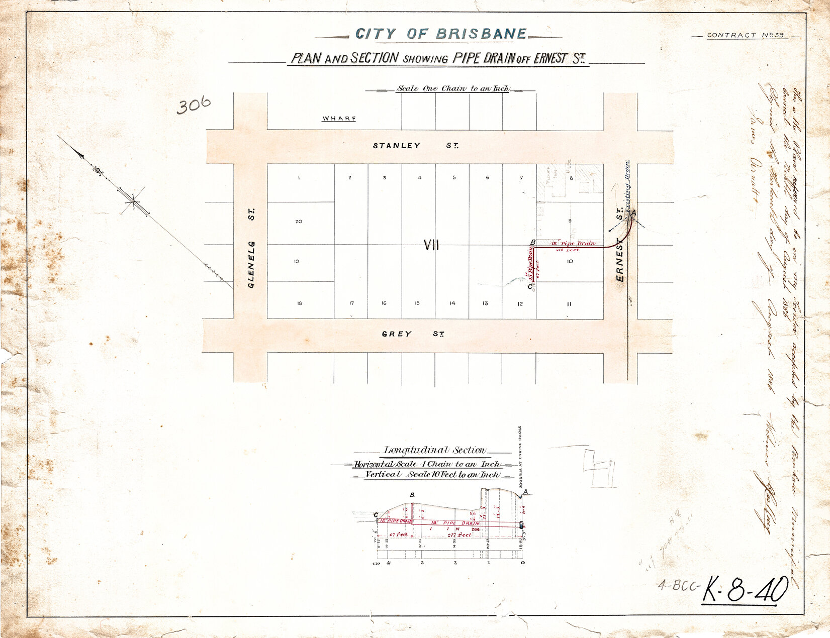 Plan and section showing pipe drain off Ernest Street, South Brisbane - 1886
