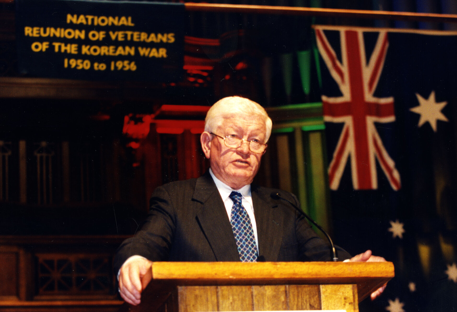 Lord Mayor Tim Quinn speaking at the national reunion of veterans of the Korean War in City Hall - 2003