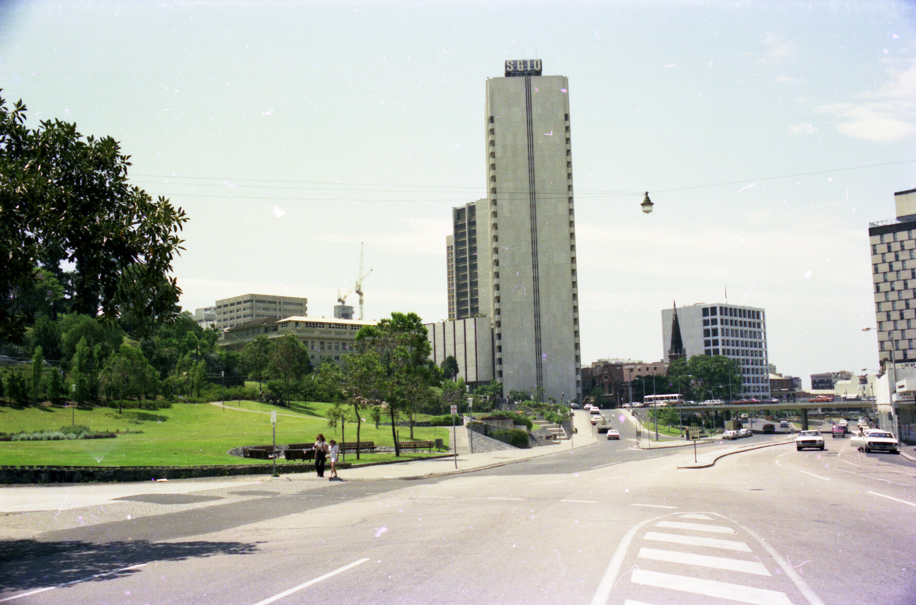 Approach into city from Roma Street outside the Roma Street Parkland, Brisbane City - 1974