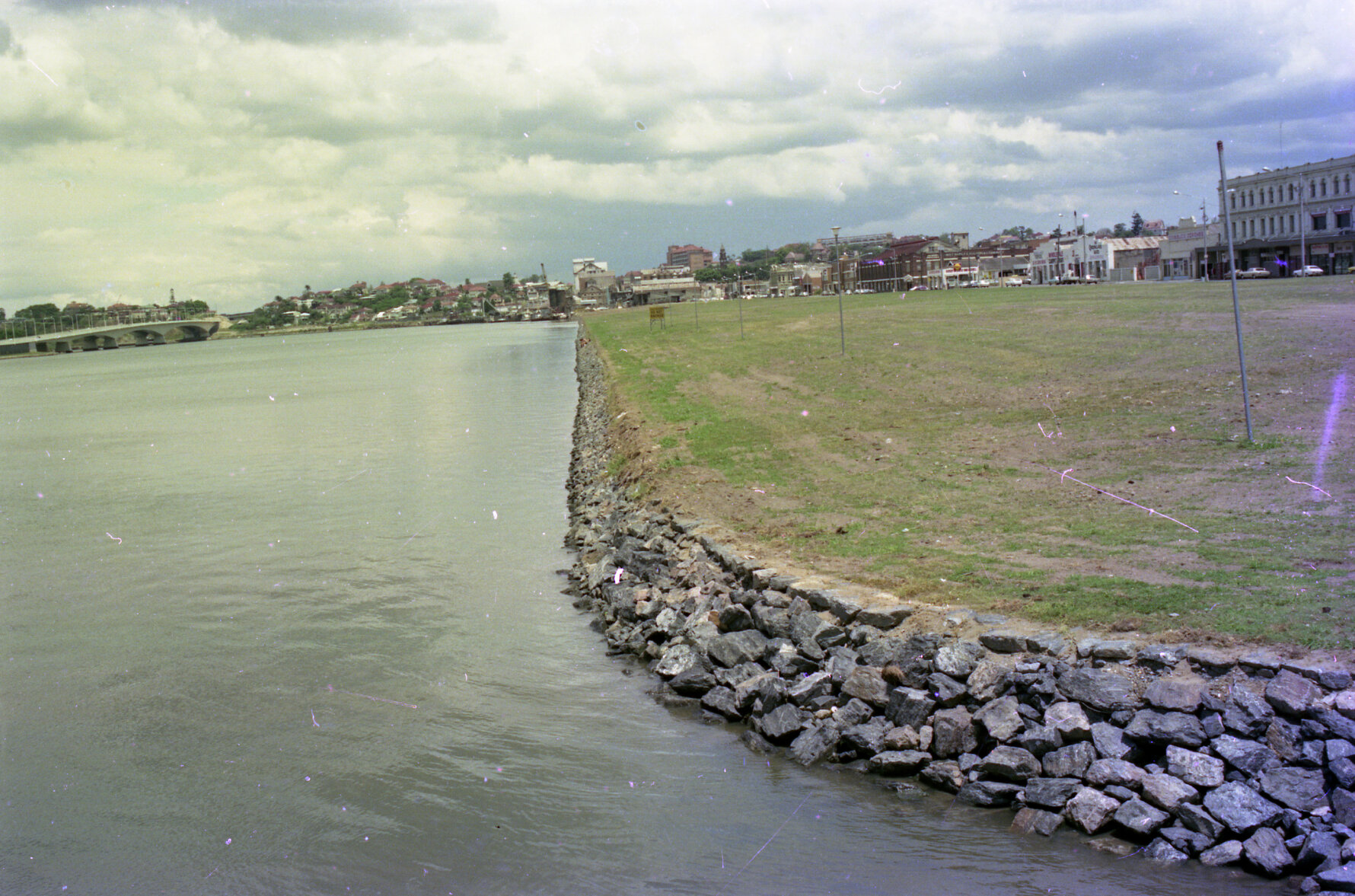 Stonework on riverwall looking east, now South Bank Parklands, South Brisbane - 1974