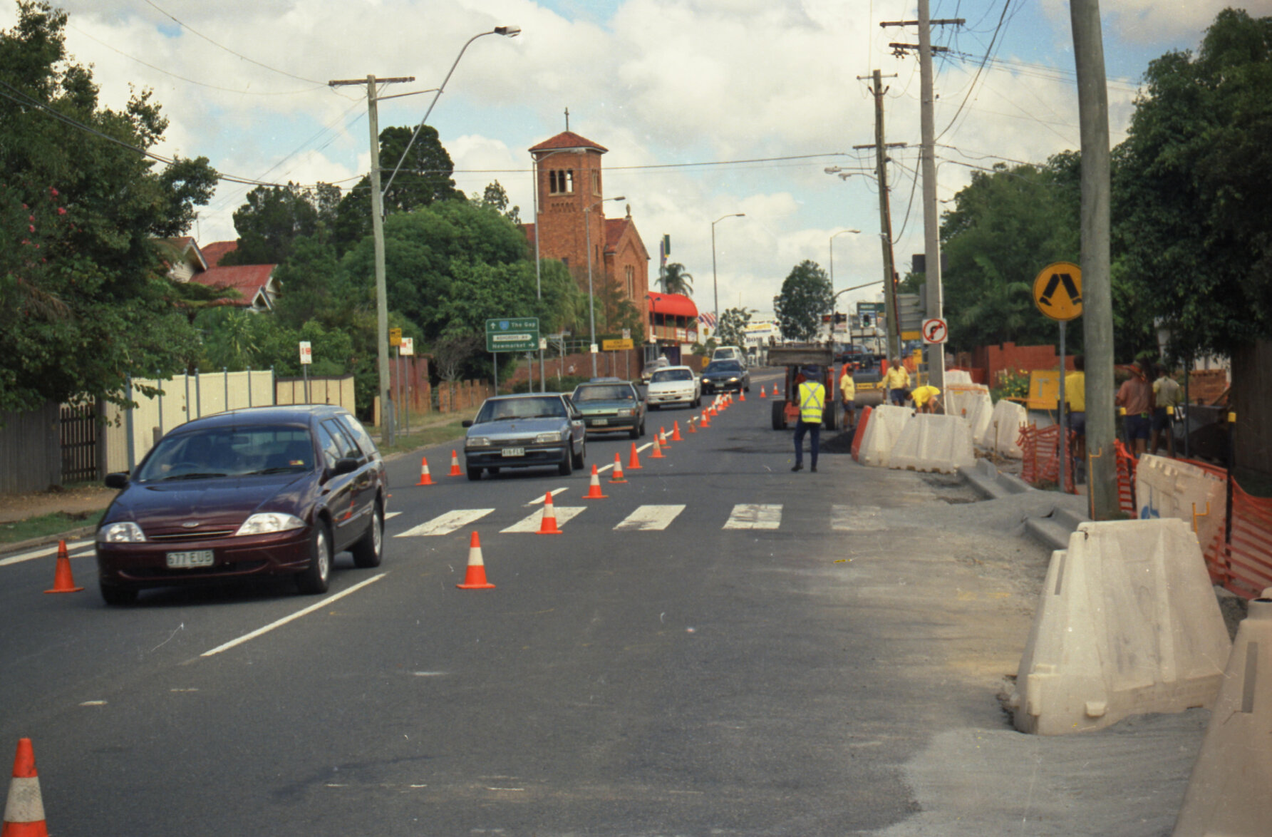Roadworks on Waterworks Road near St Finbarr's Catholic Church, Ashgrove - 1974