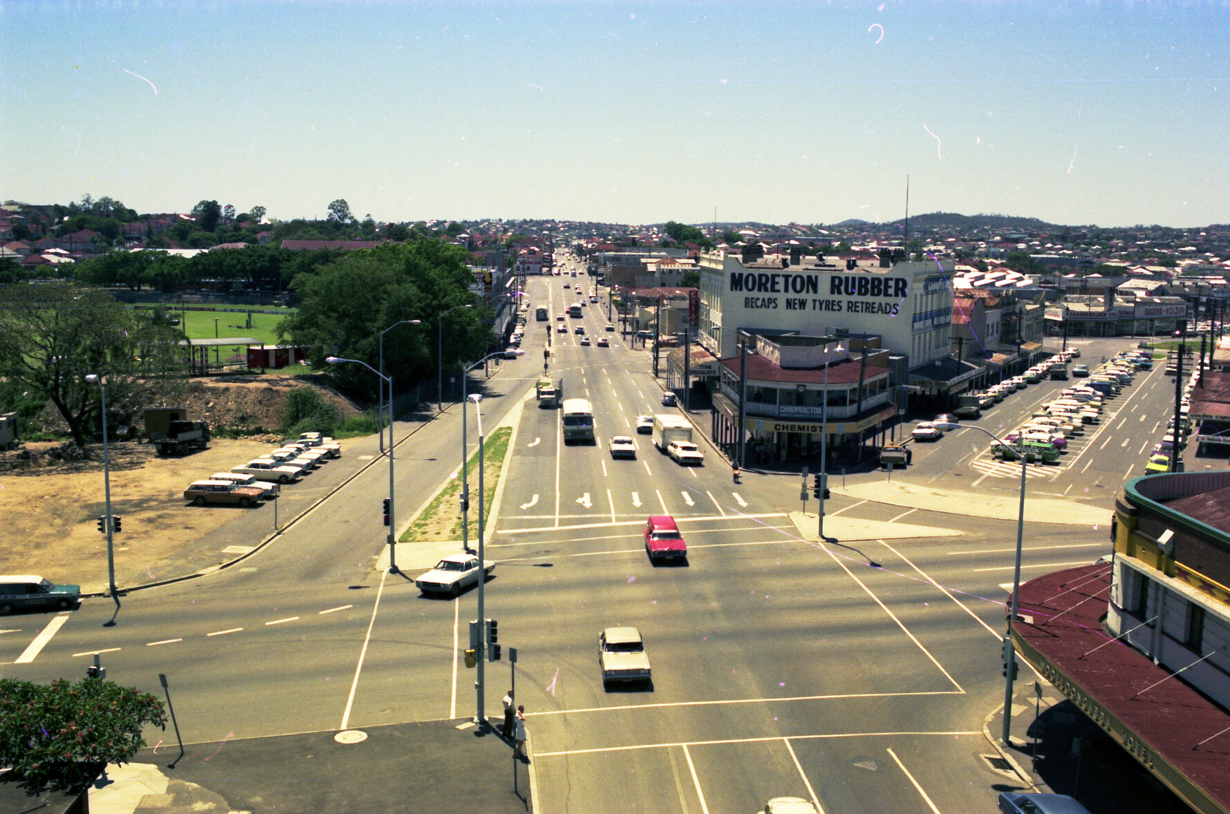 Intersection of Stanley Street and Ipswich Road, Brisbane Cricket Ground in the top left, Woolloongabba - 1974