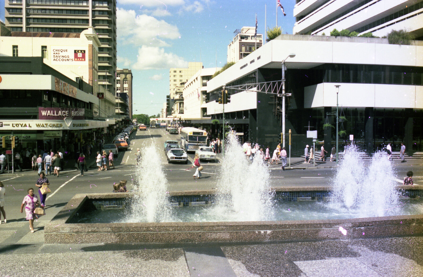 Albert Street looking through King George Square Fountain, Brisbane City - 1975