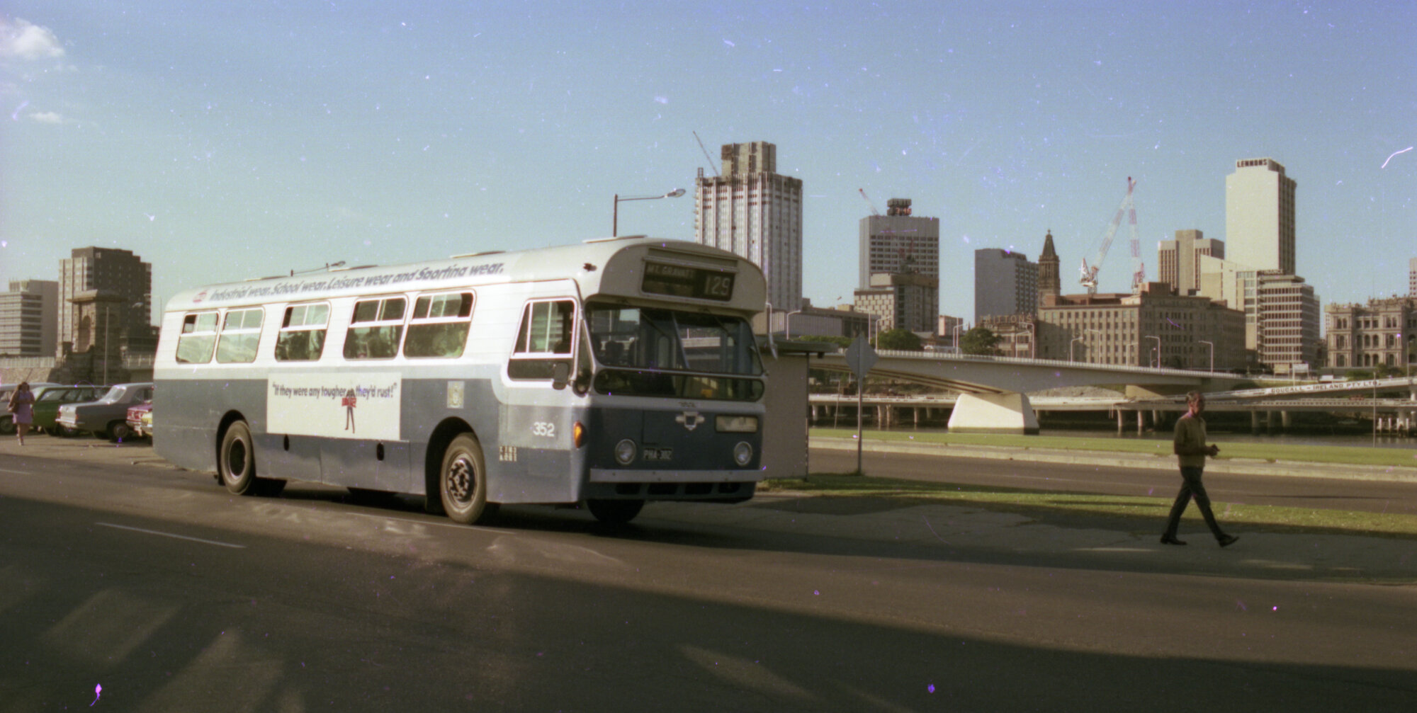 Council Bus at South Bank stop looking towards the city, South Brisbane - 1975