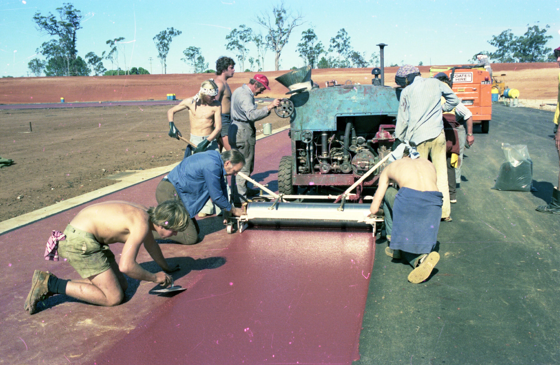 Resurfacing running track at the Queensland Sport and Athletics Centre (QSAC), Mt Gravatt - 1975