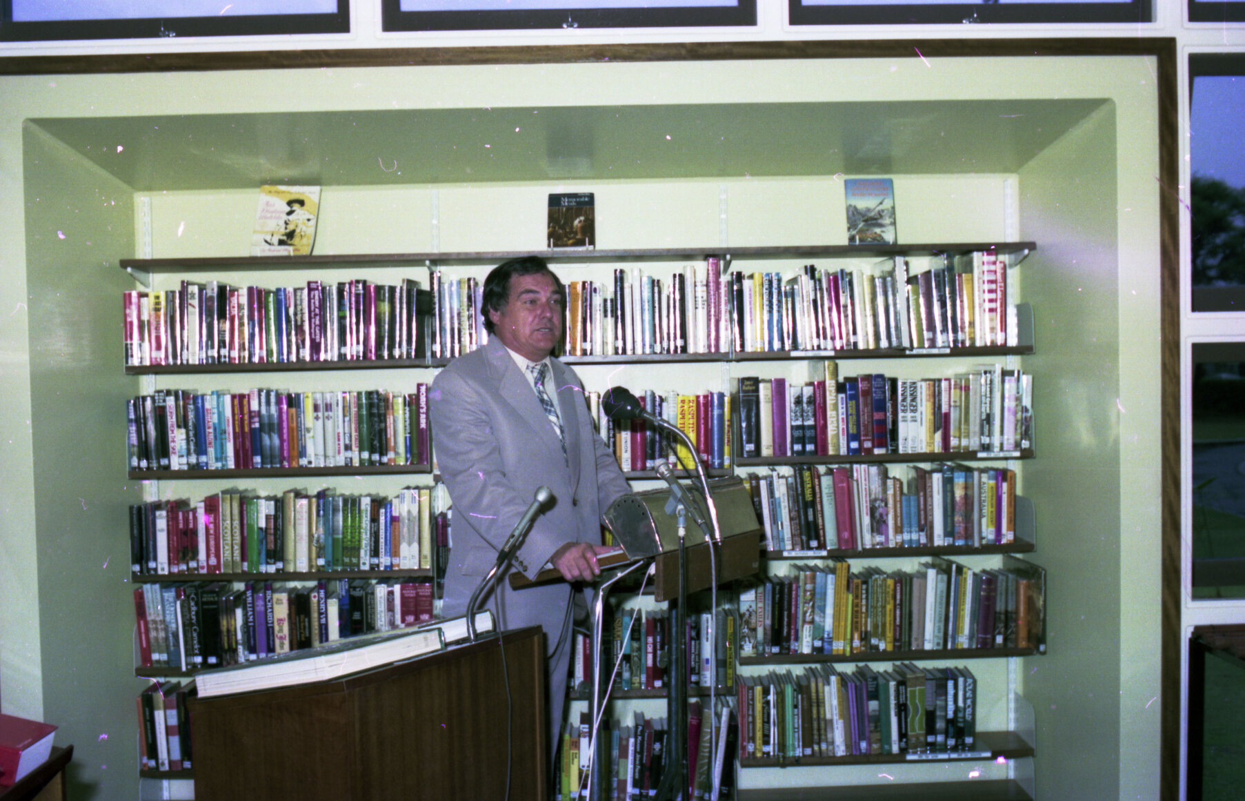 Alderman Ian Brusasco and Lord Mayor Brian Walsh speaking at the opening of New Farm Library - 1975
