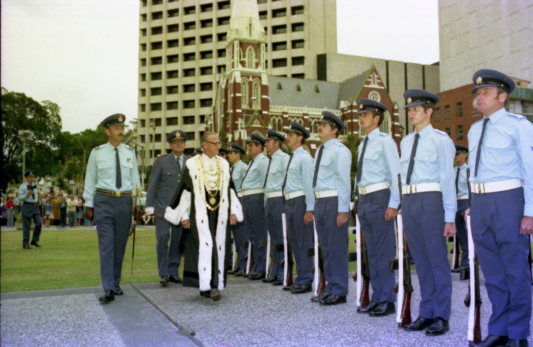 Grant of Freedom of the City to RAAF 23 Squadron by Lord Mayor Frank Sleeman - King George Square, Brisbane City - 1977