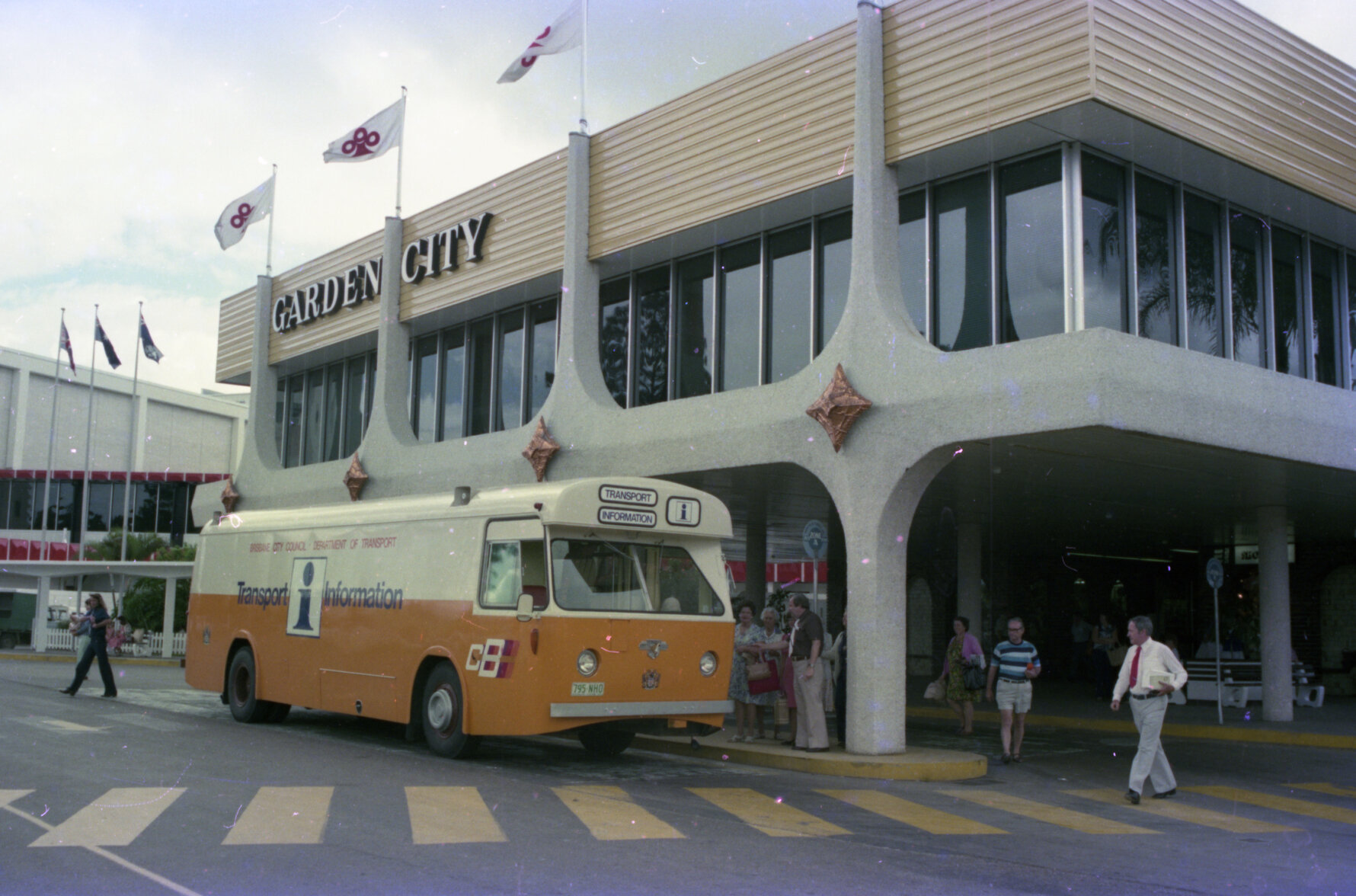 Bus with transport information desk at Garden City shopping centre - Mt Gravatt, 1978