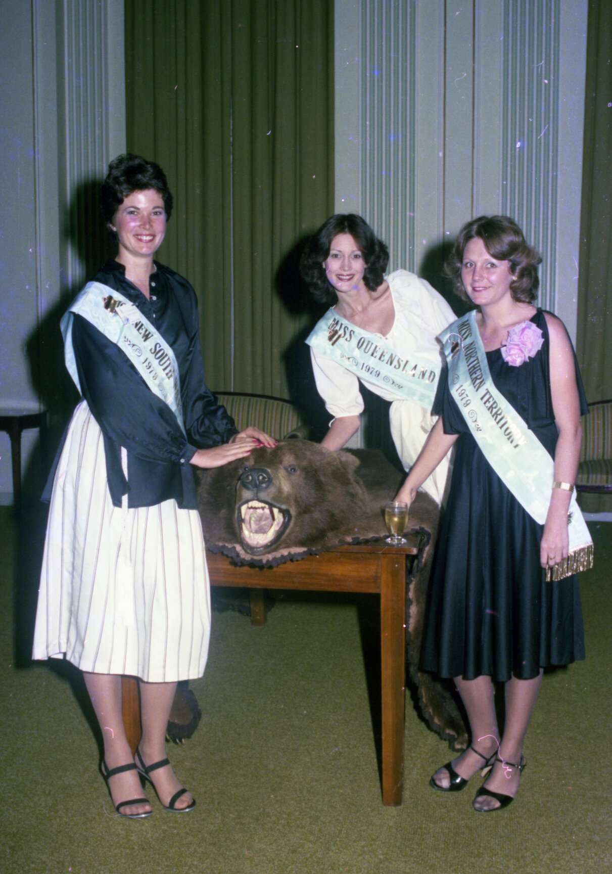 Miss Australia finalists with bearskin rug, City Hall - 1978