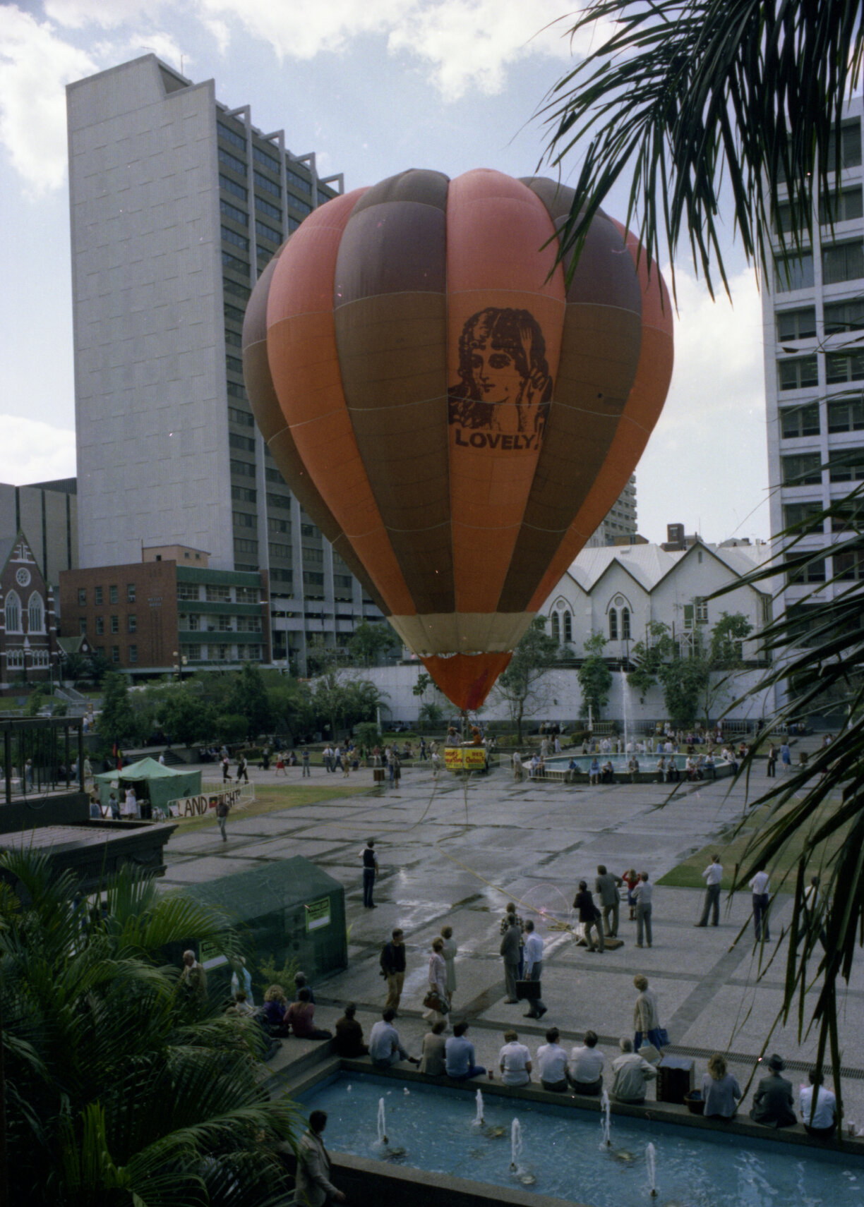Pancake Manor hot air balloon advertisement, King George Square, Brisbane City - 1981