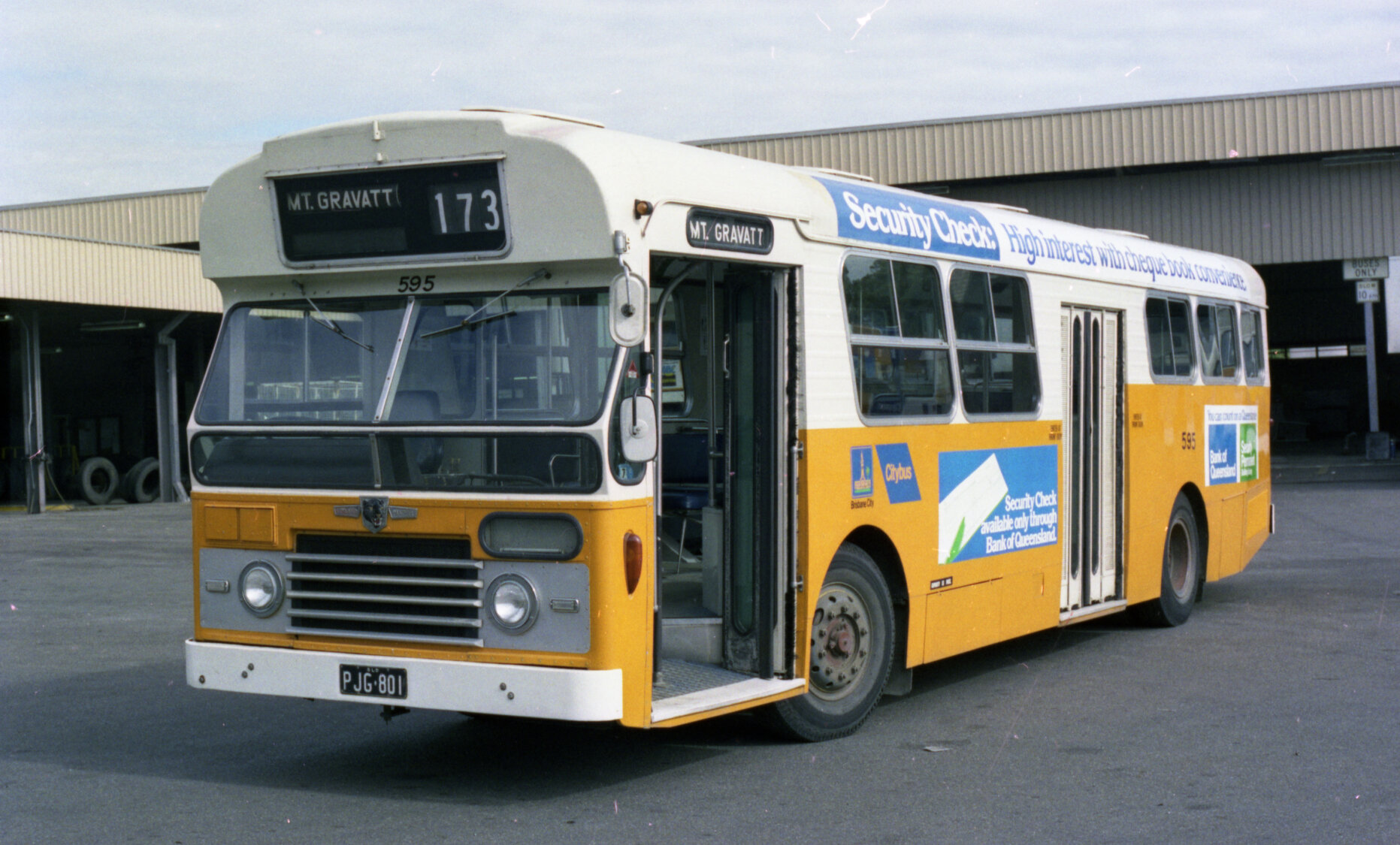 Leyland Panther bus in yellow colour scheme at Carina bus depot - 1983