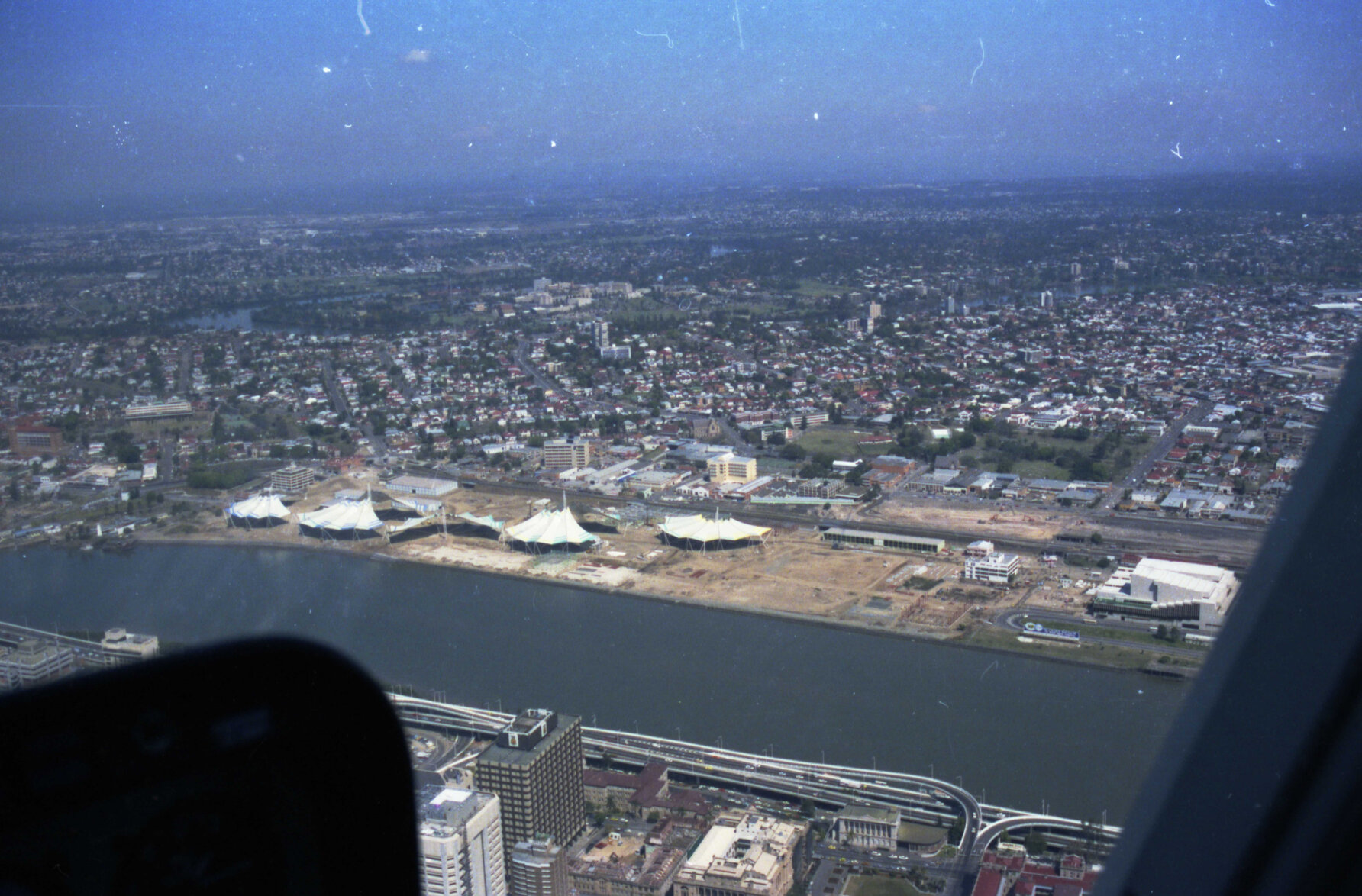 Aerial photo of Expo 88 site under construction, South Brisbane - 1986