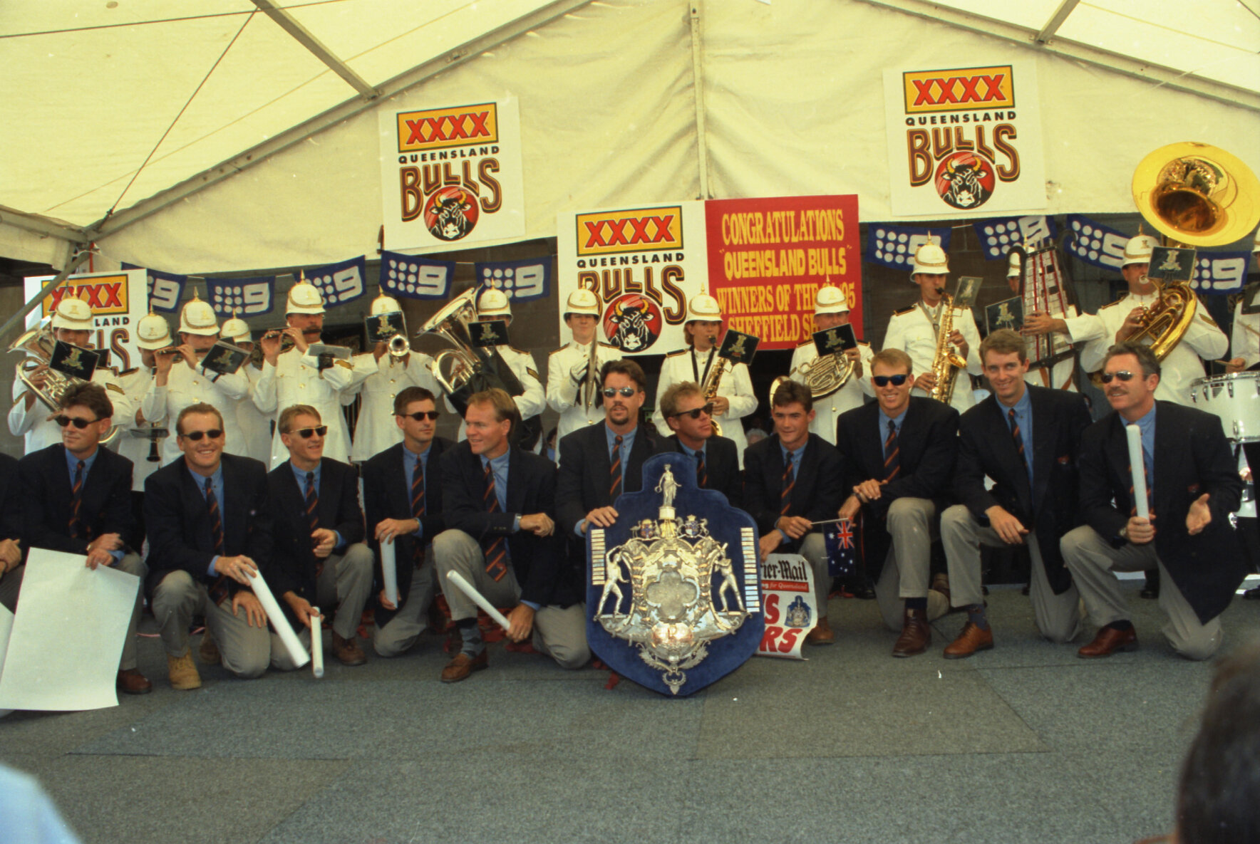 Queensland Bulls Cricket Team celebrating Sheffield Shield win, Brisbane City - 1995