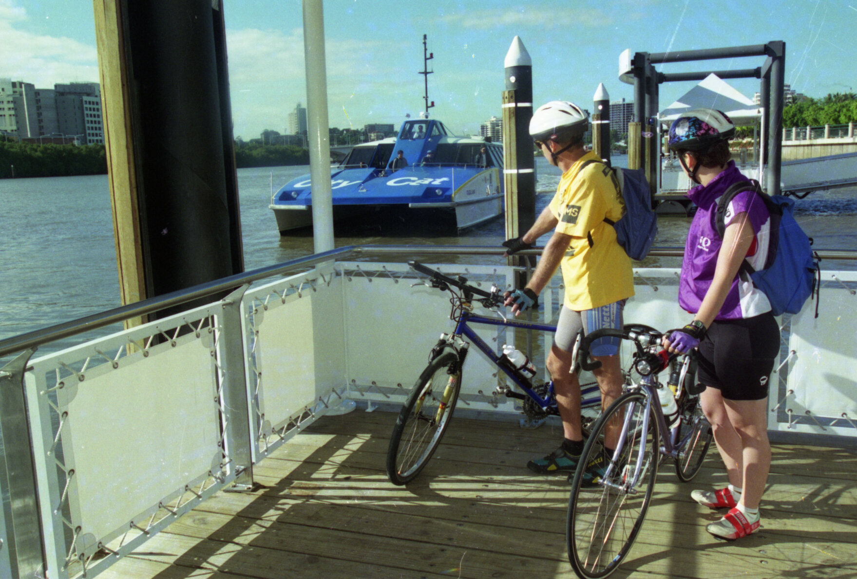 Cyclists boarding CityCat at South Bank ferry terminal, South Brisbane - 1997