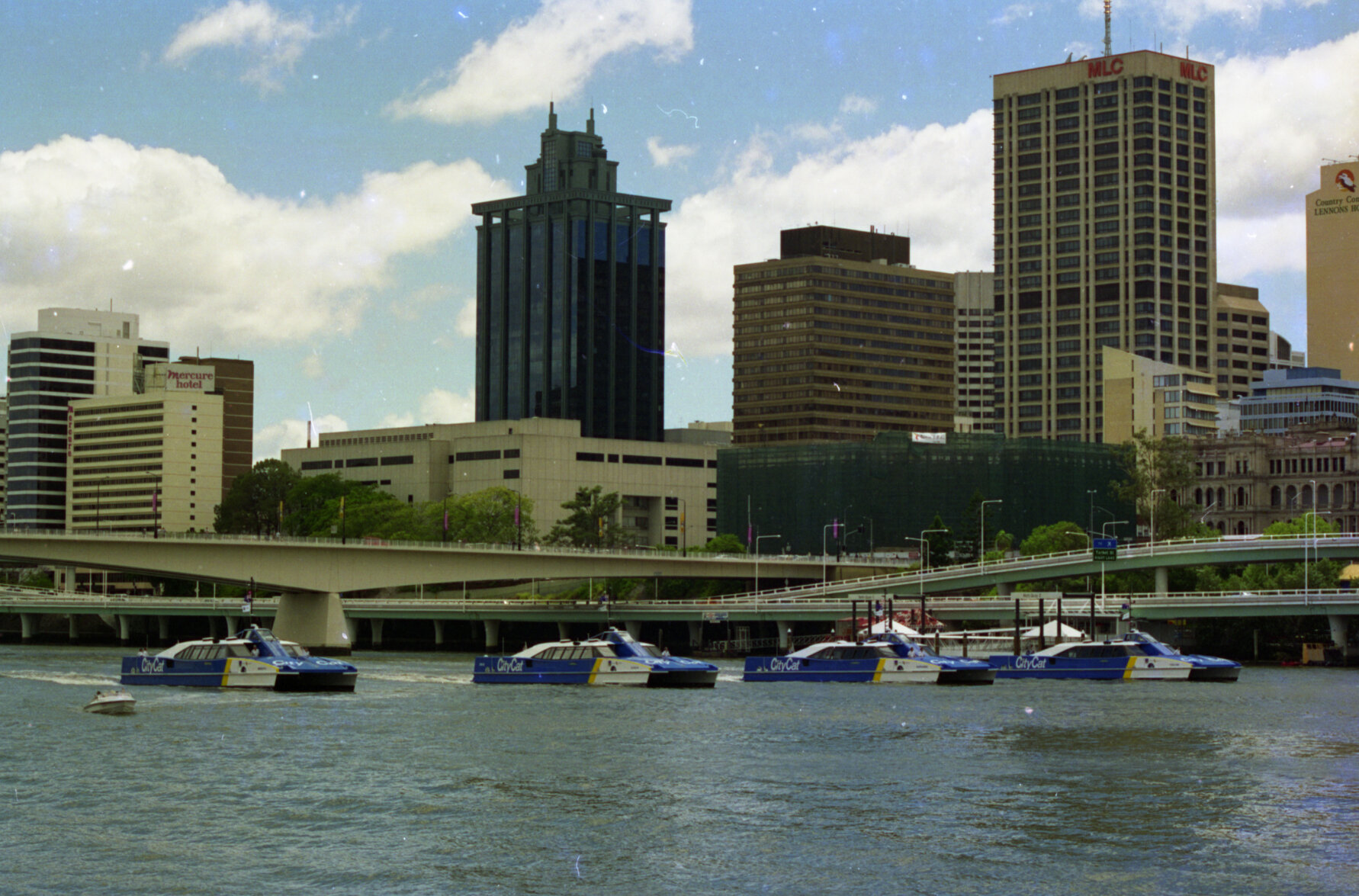 CityCat fleet passing Victoria Bridge, Brisbane City - 1996