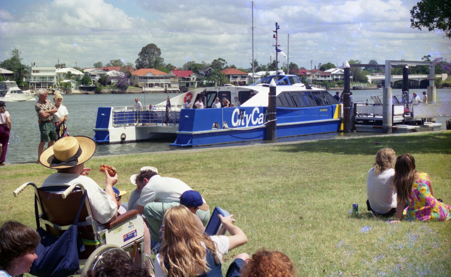 CityCat "Barrambin" moored at New Farm Park ferry terminal on the launch of the CityCat service - 1996