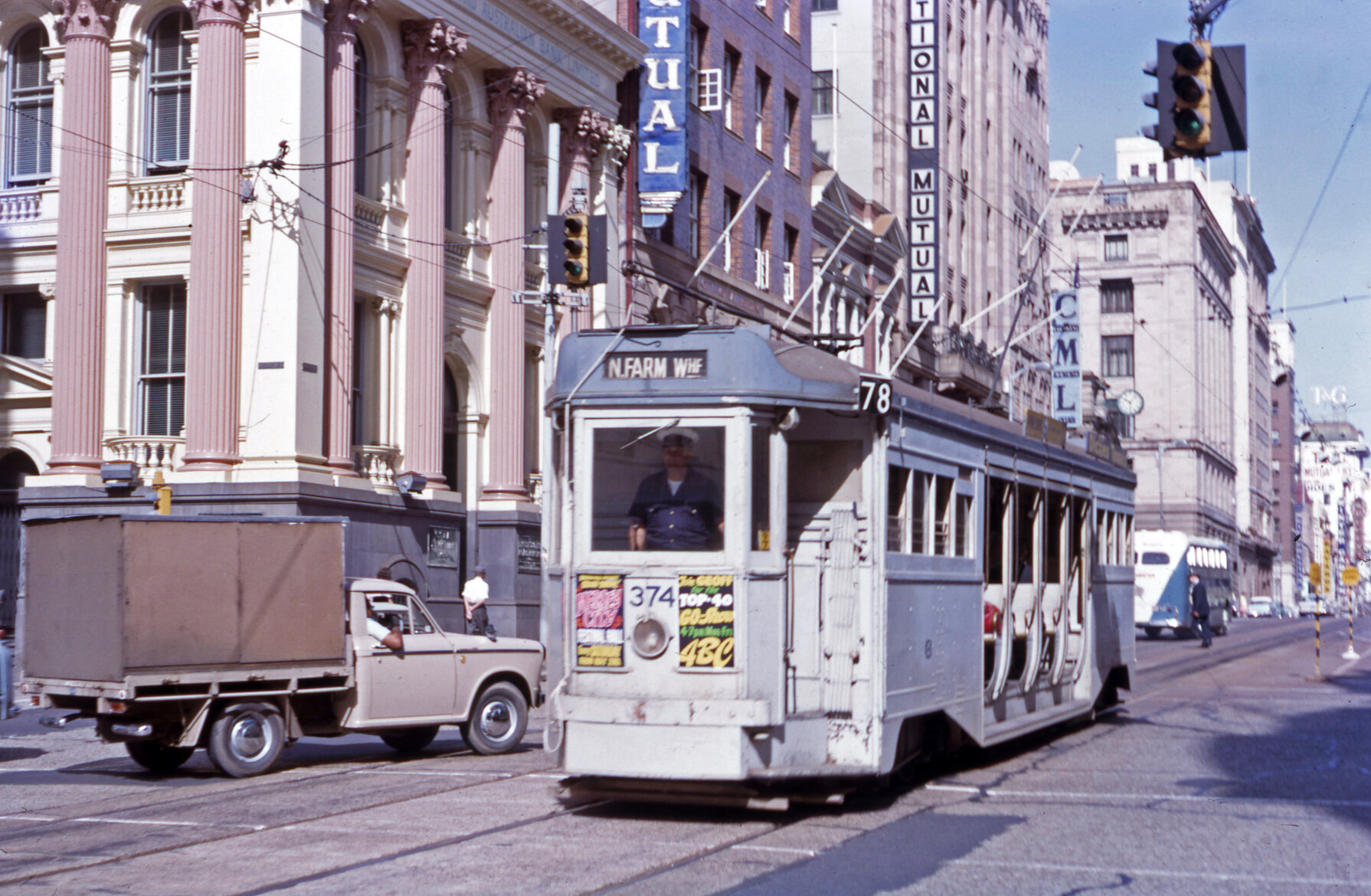 Drop centre tram No. 374 in Queen Street - 1964