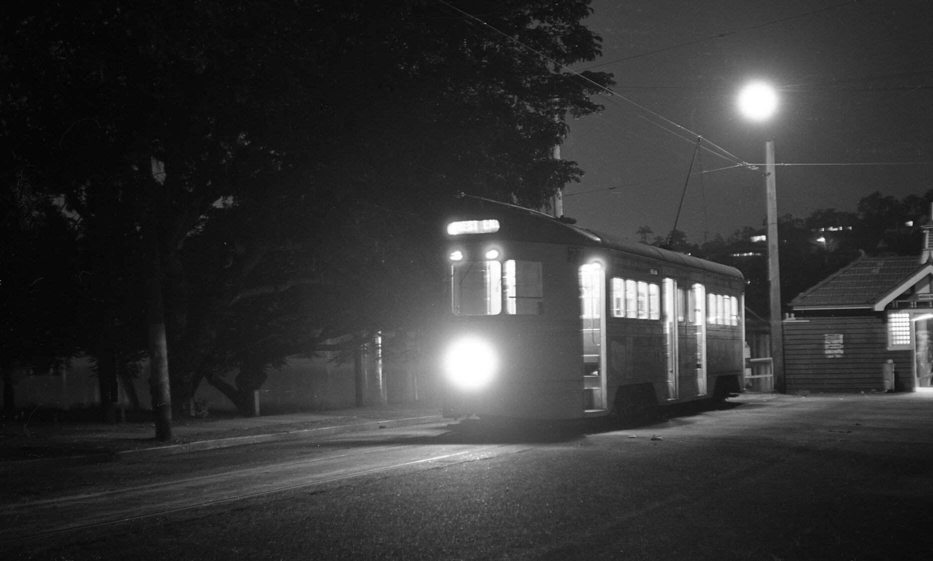 FM tram at Orleigh Park ferry terminal at night, West End - 1964