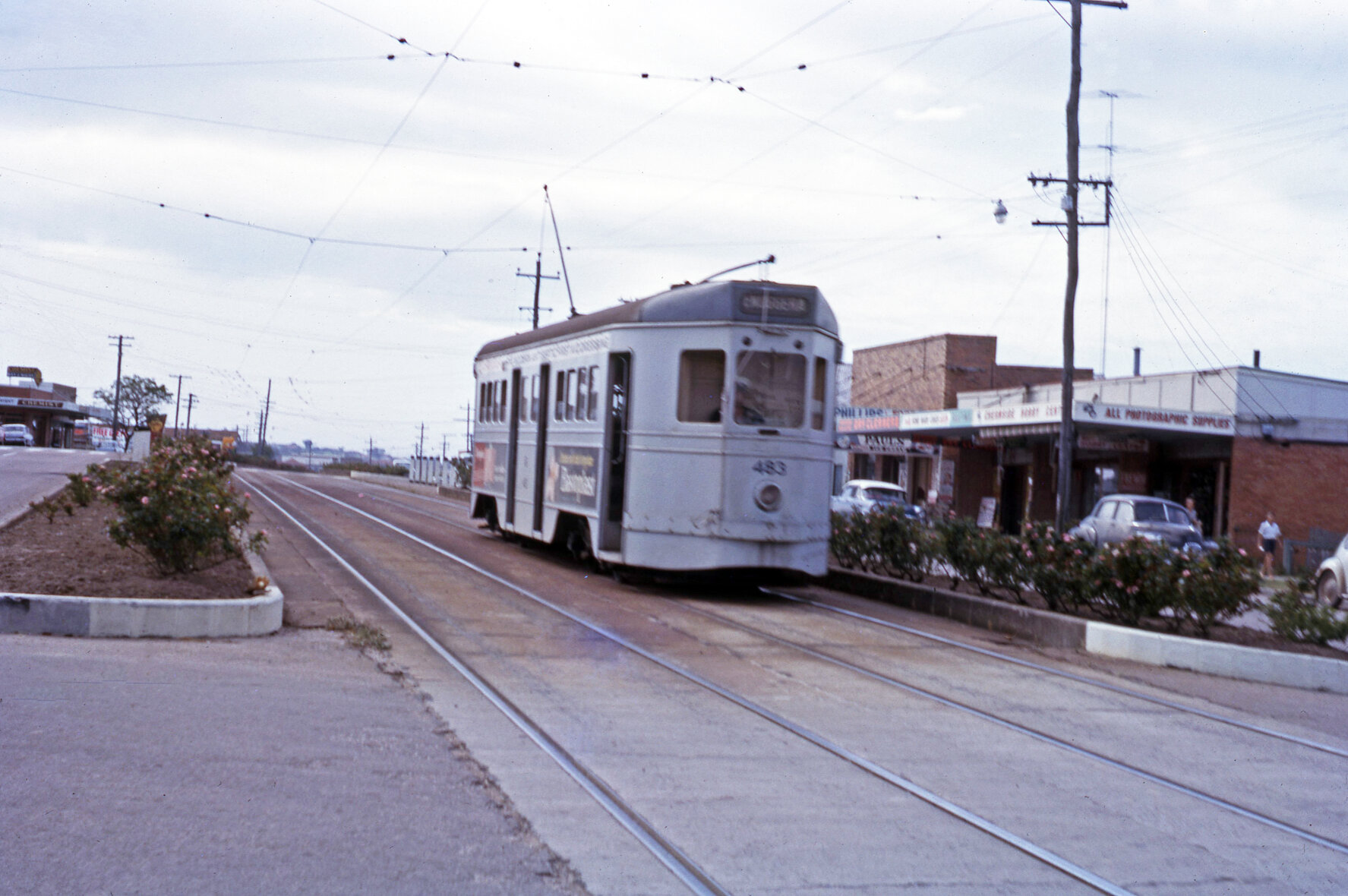 FM tram No. 483 on Gympie Road, Chermside - 1964