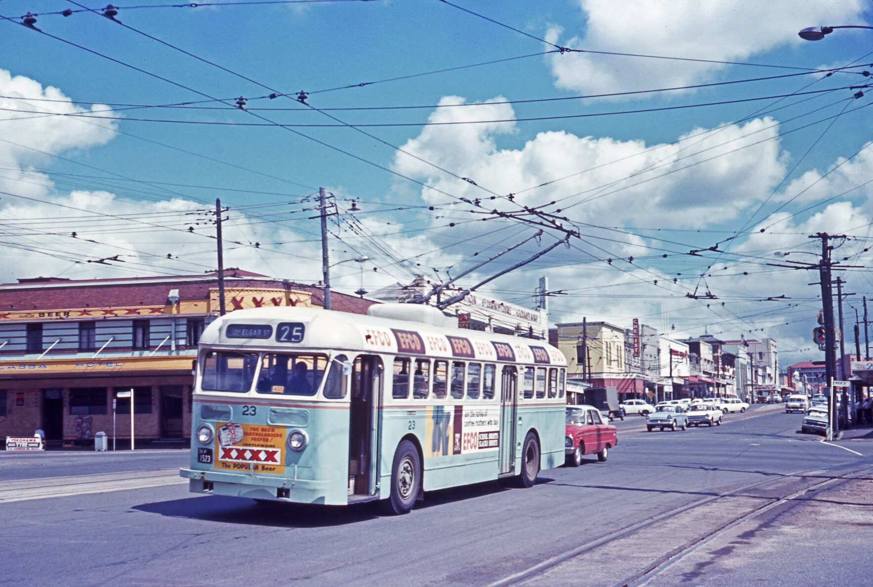 Trolley bus No. 23 on Stanley Street, Woolloongabba, outside the Gabba Hotel - 1968