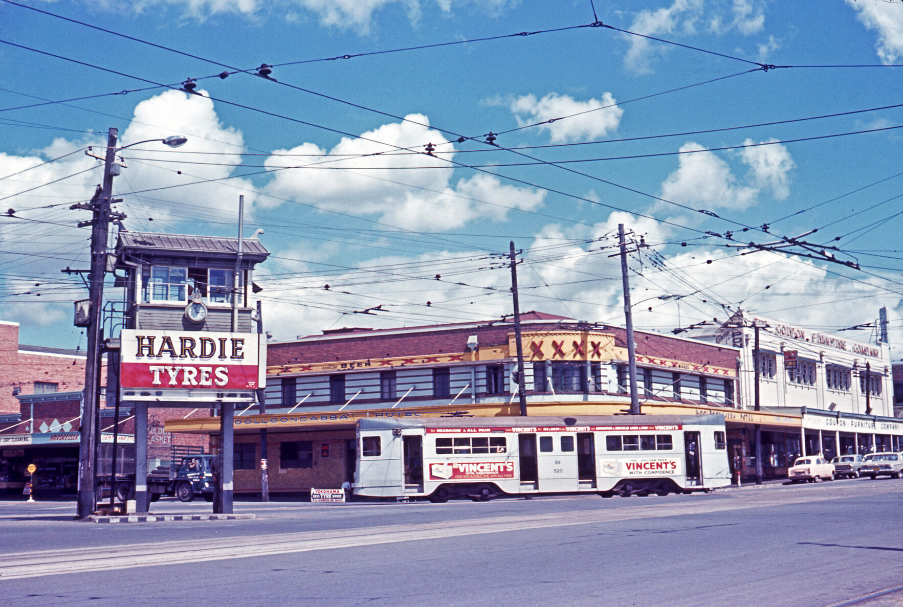 Tram No. 520 on Stanley Street, Woolloongabba, outside the Gabba Hotel - 1968