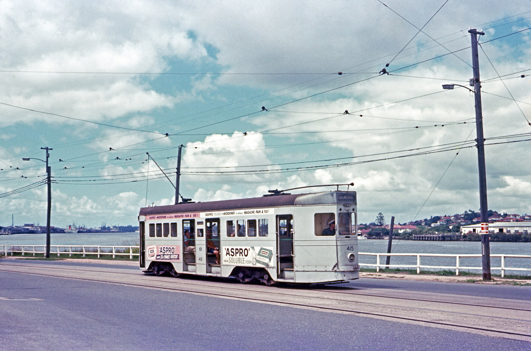 FM tram No. 415 on Kingsford Smith Drive, Hamilton - 1968